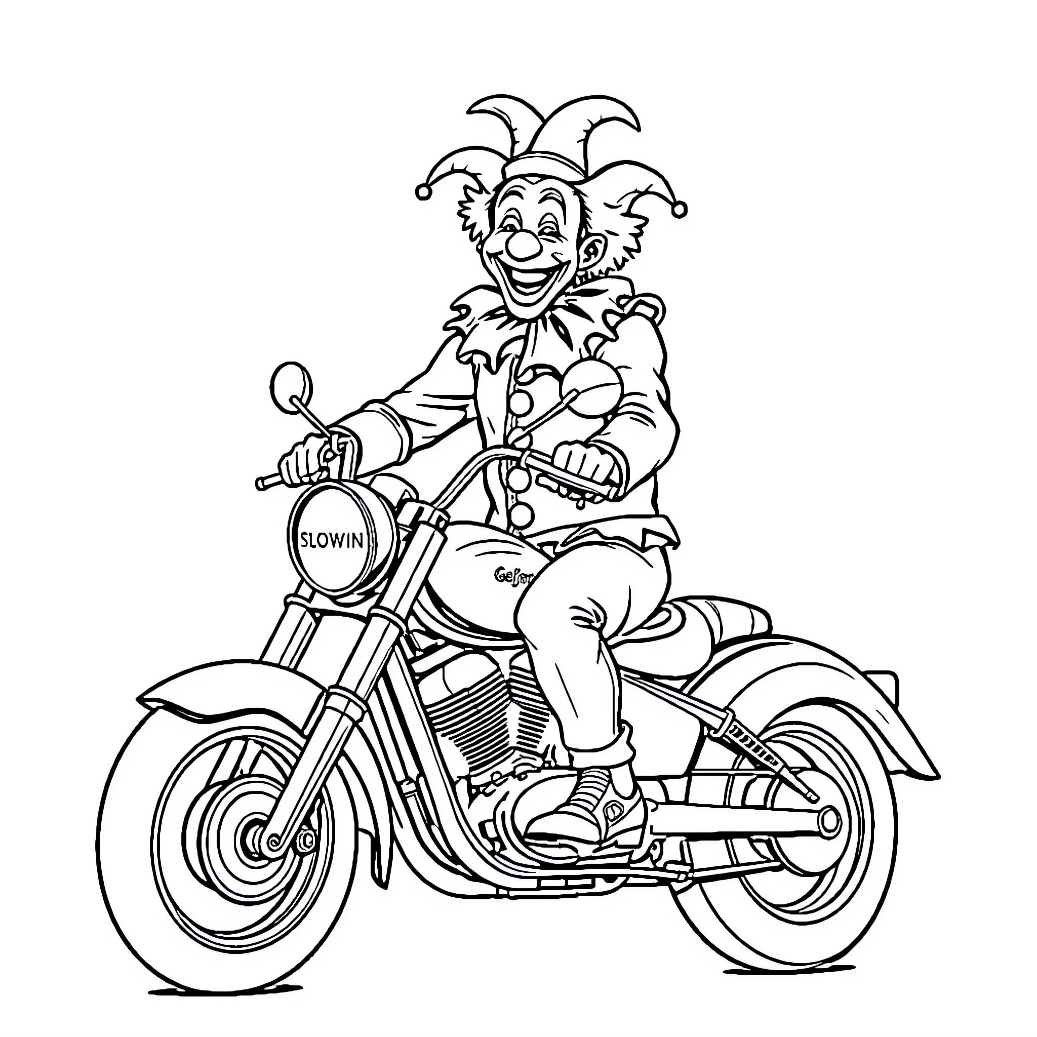 Clown riding motorcycle with exaggerated expressions Coloring Page (free black-and-white line drawing printable PDF for all, from beginners to advanced learners, including children, teens, adults, and seniors)