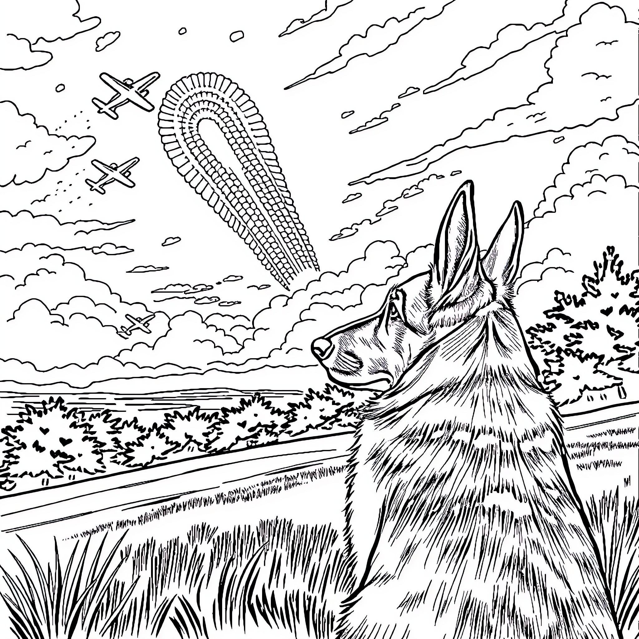 German Shepherd observing aircraft and parachutes in the sky Coloring Page (free black-and-white line drawing printable PDF for all, from beginners to advanced learners, including children, teens, adults, and seniors)