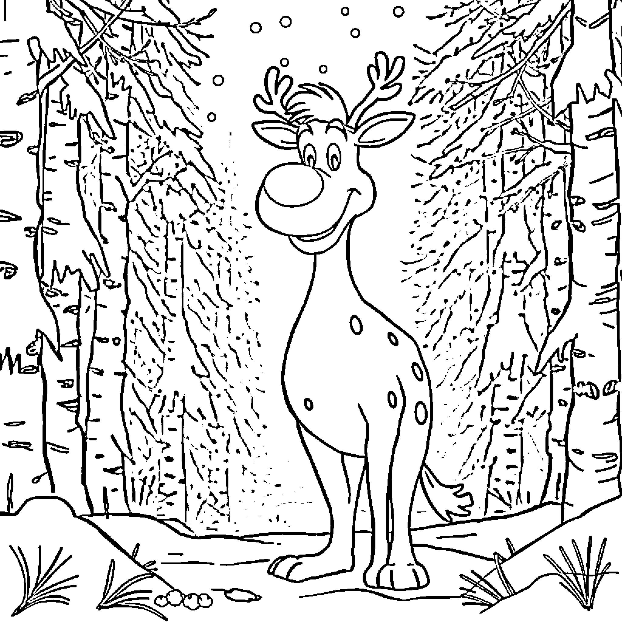 Rudolph the Friendly Reindeer in the Snowy Woods Coloring Page (free black-and-white line drawing printable PDF for all, from beginners to advanced learners, including children, teens, adults, and seniors)