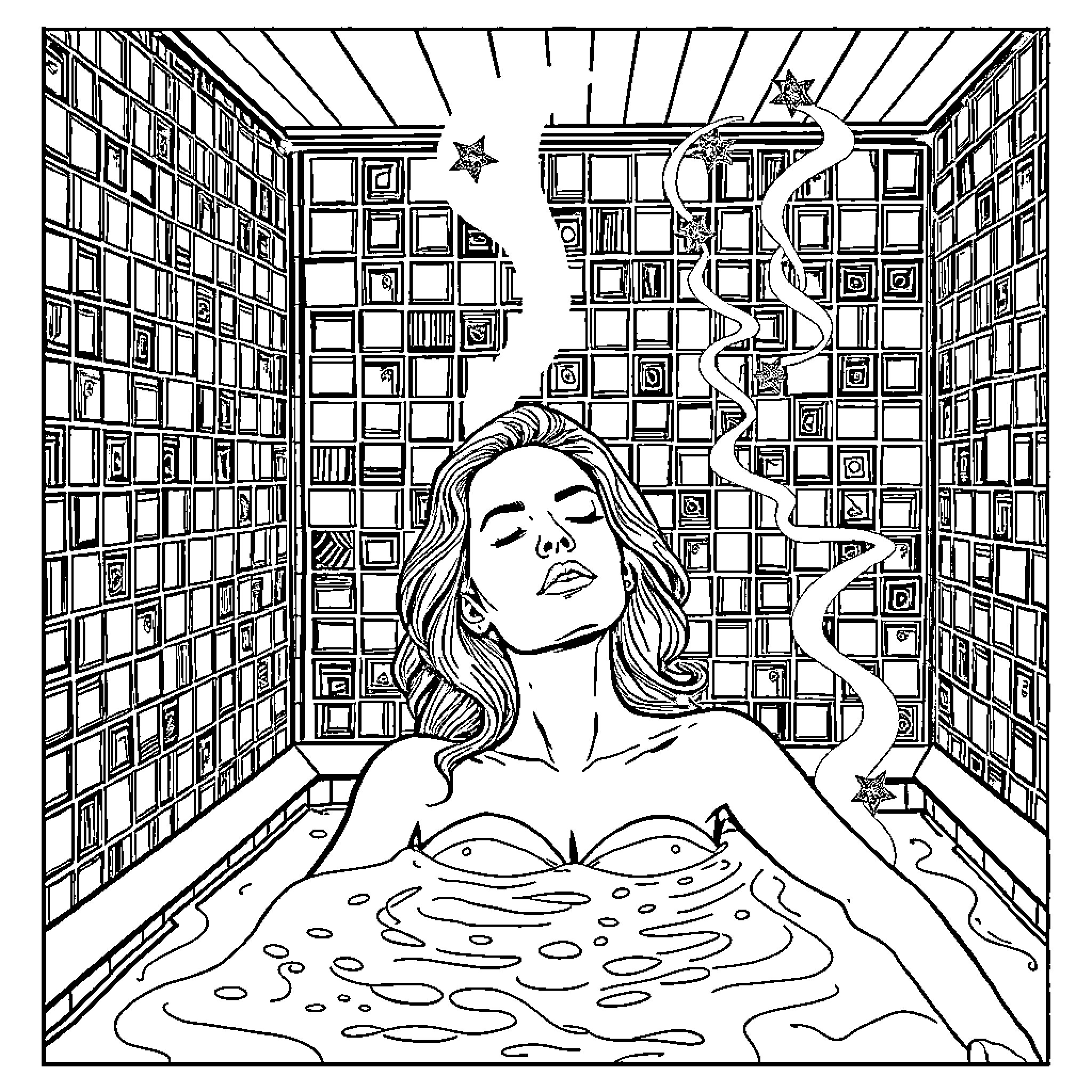 Nicole Kidman relaxing in a surreal, artistic setting Coloring Page (free black-and-white line drawing printable PDF for all, from beginners to advanced learners, including children, teens, adults, and seniors)