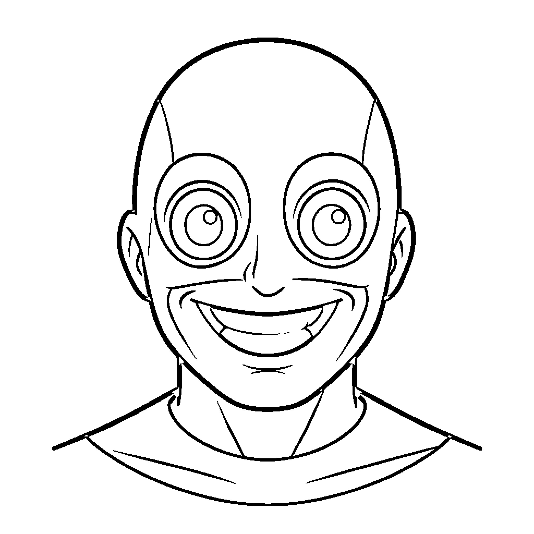 Pou Mask Smiling Expressively with Exaggerated Eyes Coloring Page (free black-and-white line drawing printable PDF for all, from beginners to advanced learners, including children, teens, adults, and seniors)