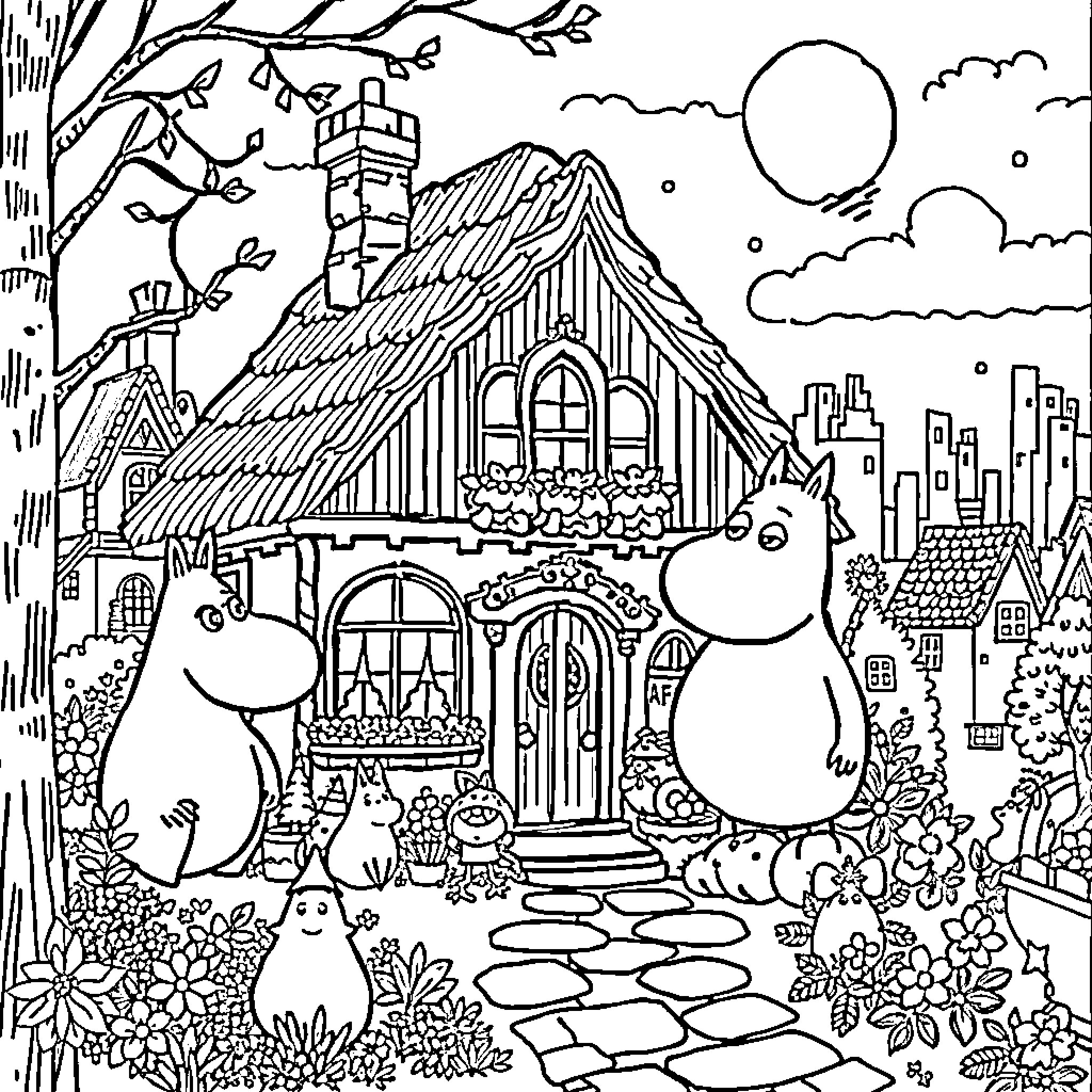 Moomin House with Characters in the Countryside Coloring Page (free black-and-white line drawing printable PDF for all, from beginners to advanced learners, including children, teens, adults, and seniors)