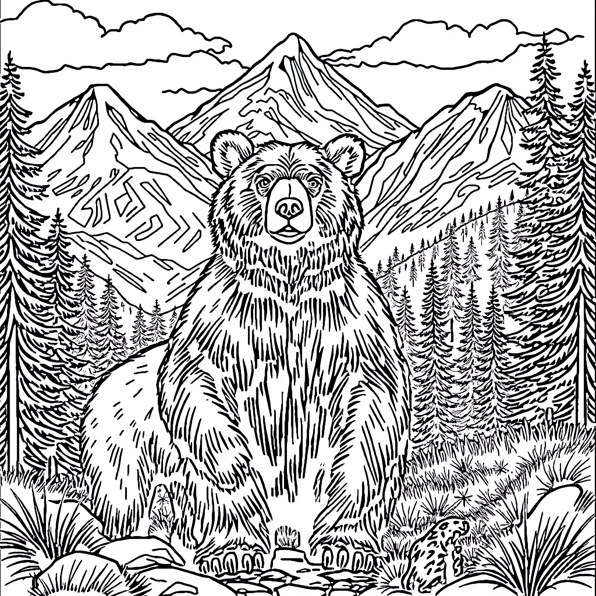 Bear in majestic mountain landscape Coloring Page (free black-and-white line drawing printable PDF for all, from beginners to advanced learners, including children, teens, adults, and seniors)