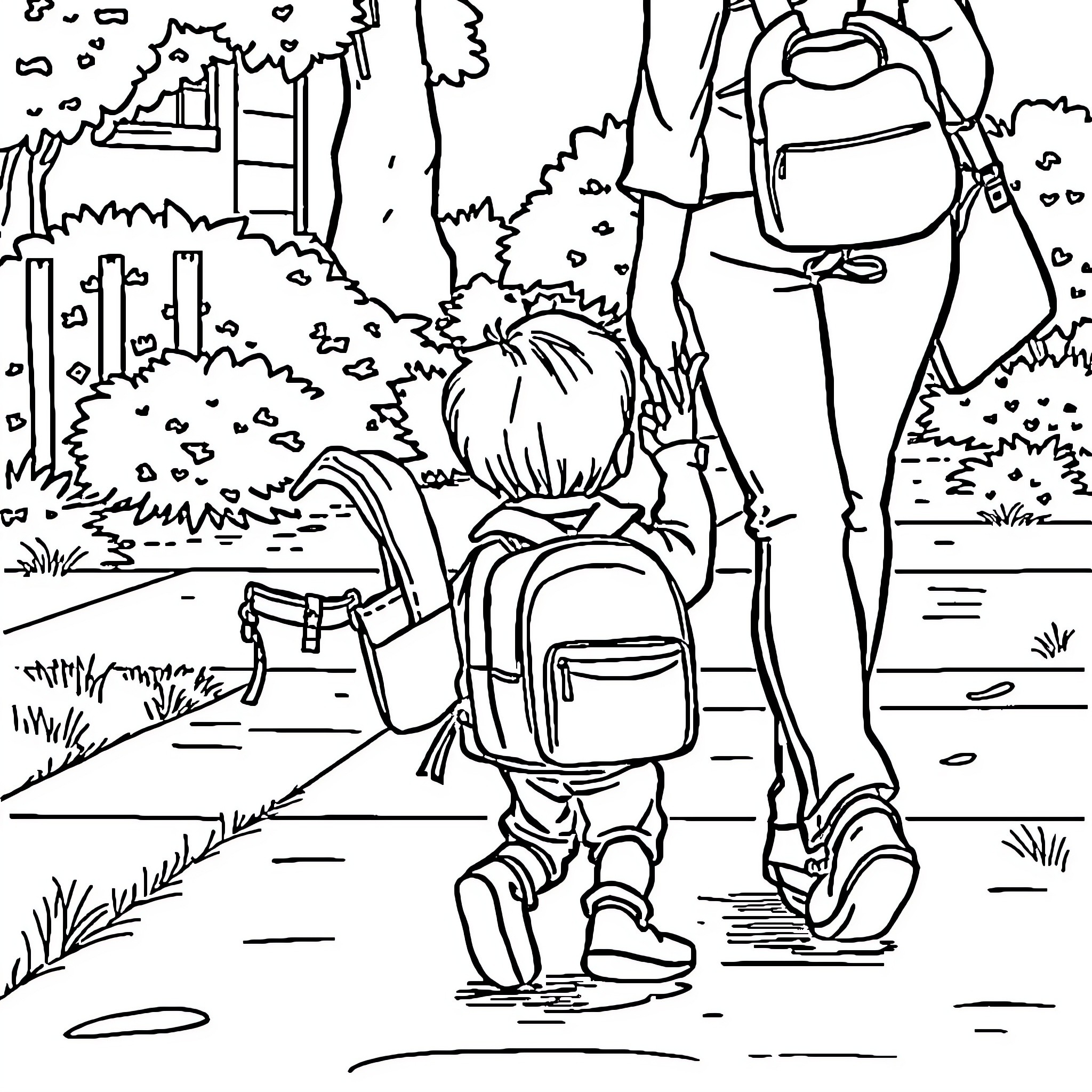 Kid walking with backpack in nature Coloring Page (free black-and-white line drawing printable PDF for all, from beginners to advanced learners, including children, teens, adults, and seniors)