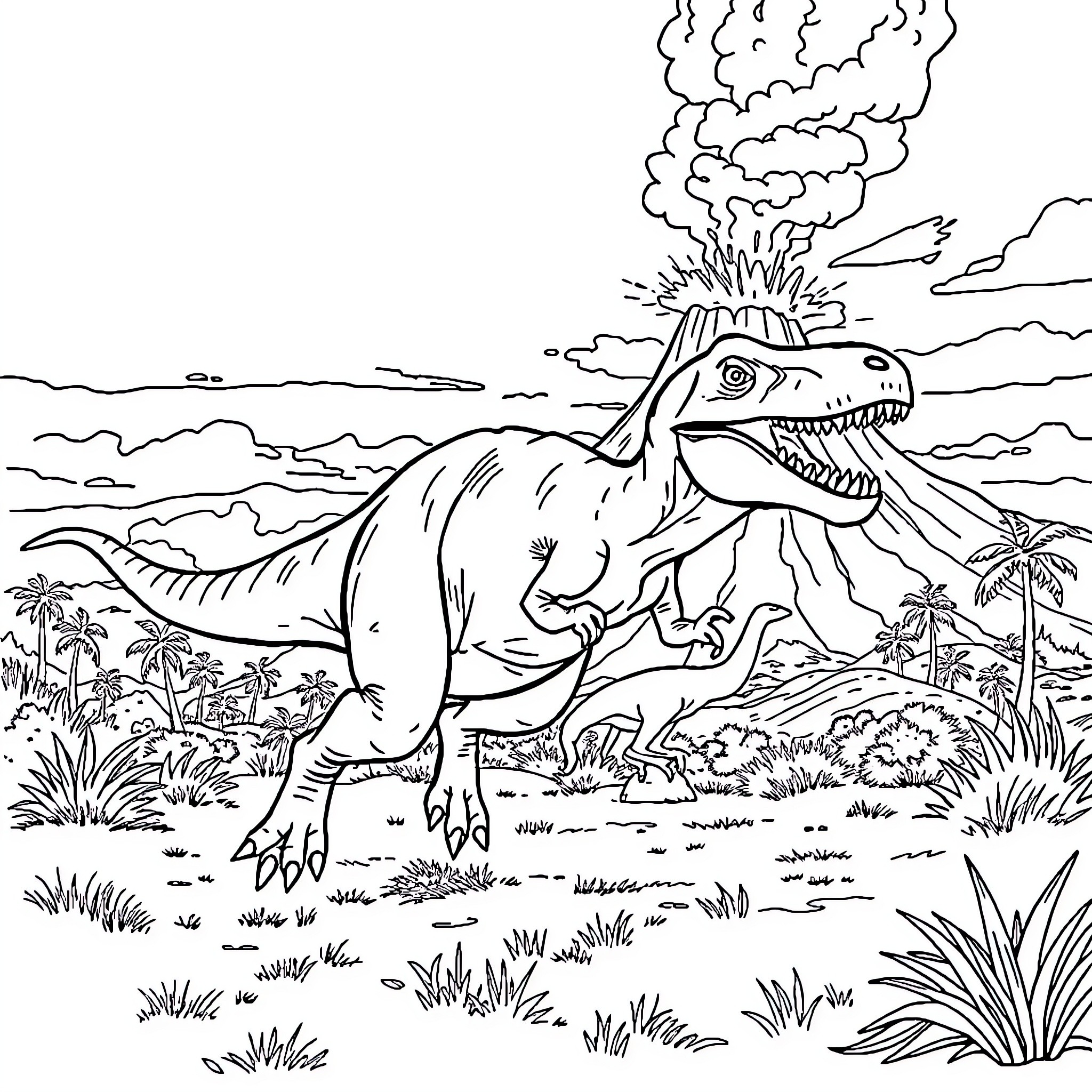 Dinosaur erupting from volcanic landscape Coloring Page (free black-and-white line drawing printable PDF for all, from beginners to advanced learners, including children, teens, adults, and seniors)