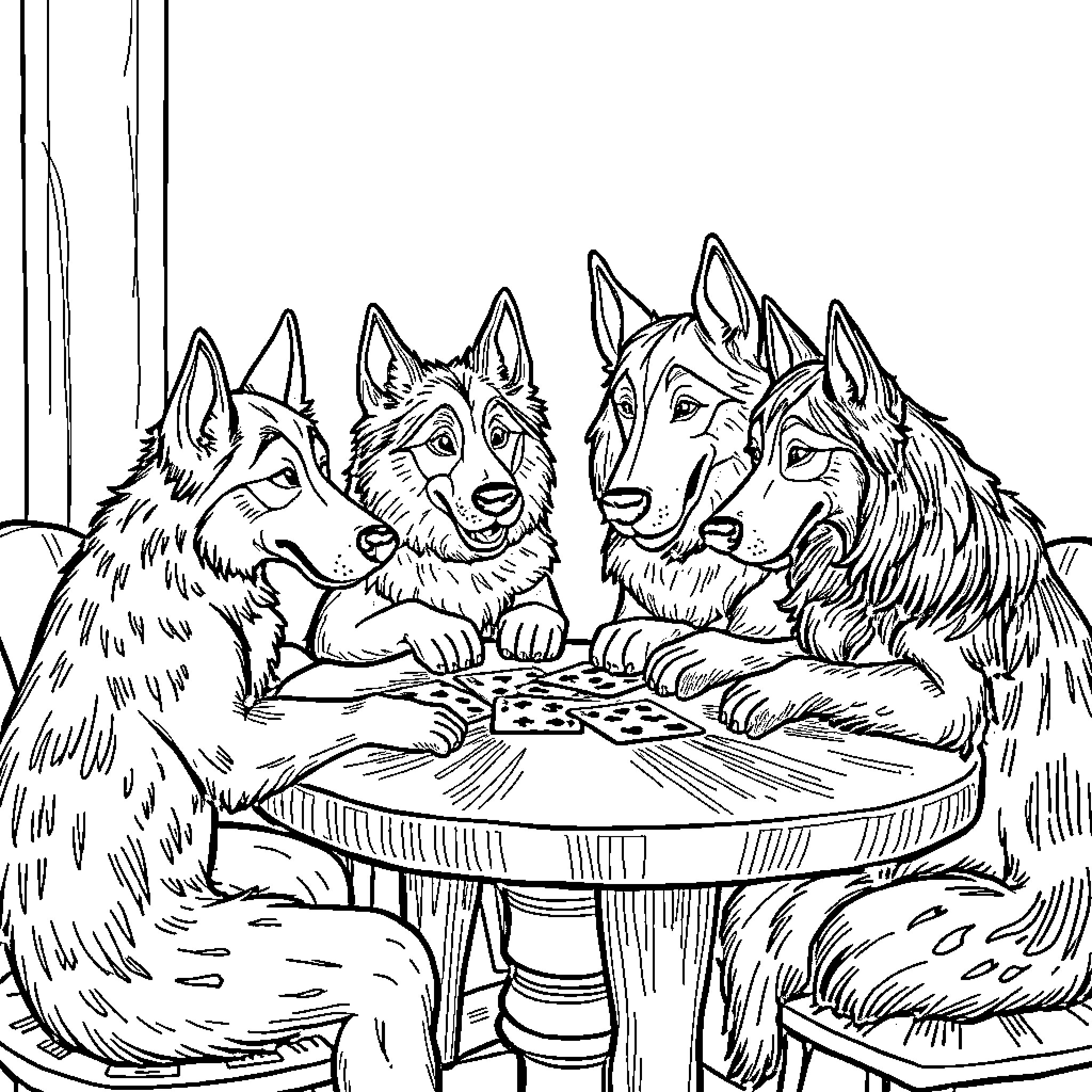 Perro dogs playing cards together Coloring Page (free black-and-white line drawing printable PDF for all, from beginners to advanced learners, including children, teens, adults, and seniors)