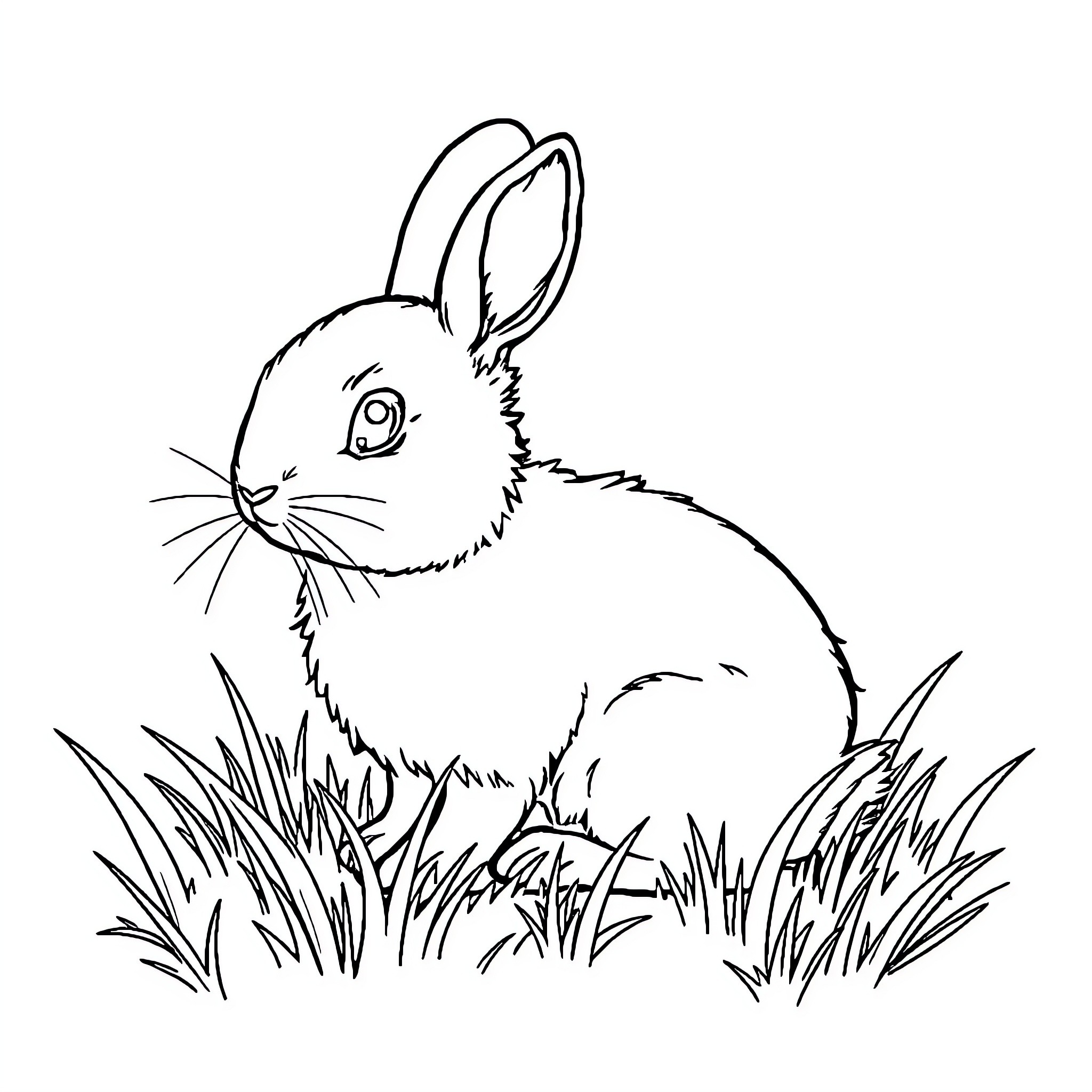 Rabbit resting peacefully in the grassy meadow Coloring Page (free black-and-white line drawing printable PDF for all, from beginners to advanced learners, including children, teens, adults, and seniors)