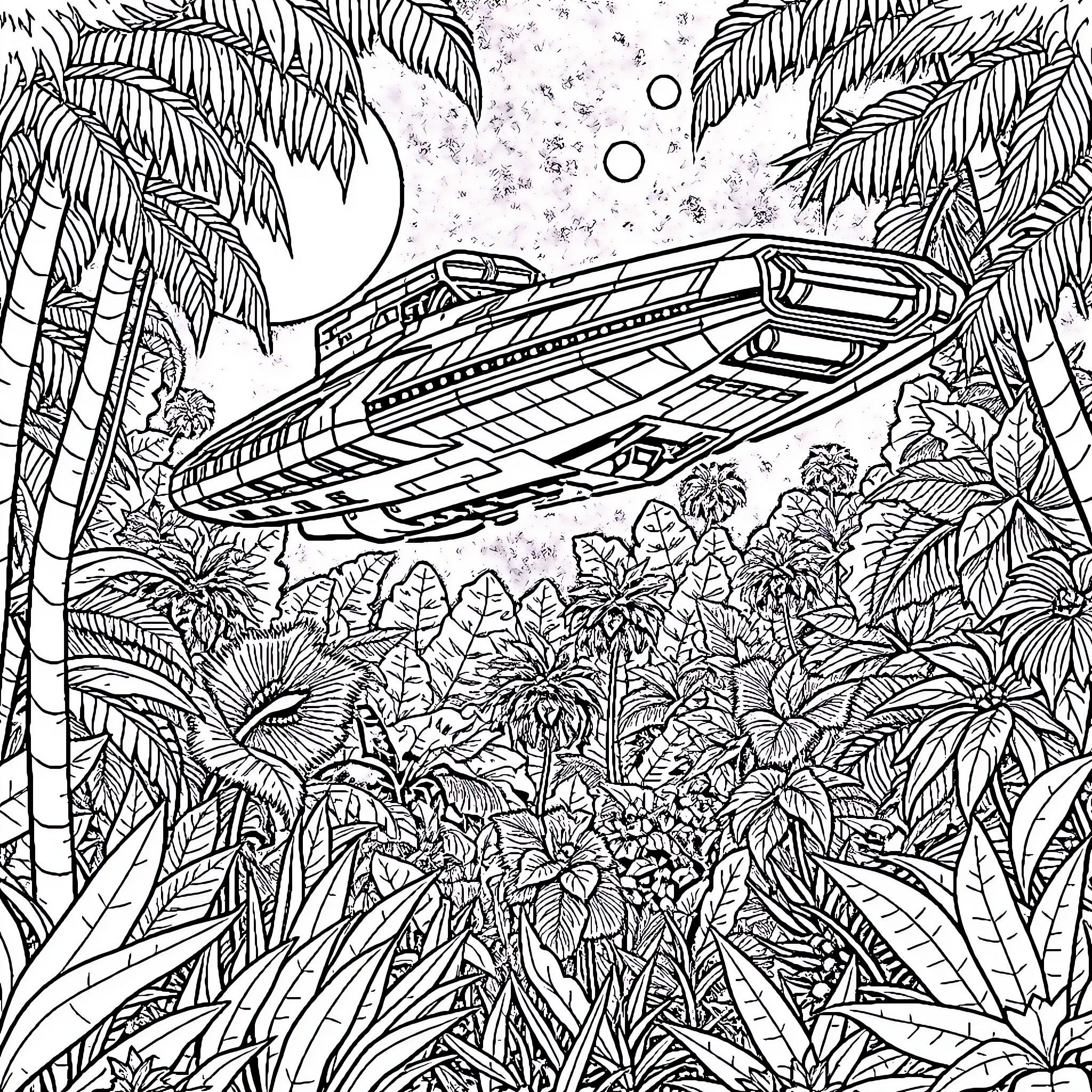 Battlestar Cruising Through Lush Tropical Jungle Coloring Page (free black-and-white line drawing printable PDF for all, from beginners to advanced learners, including children, teens, adults, and seniors)