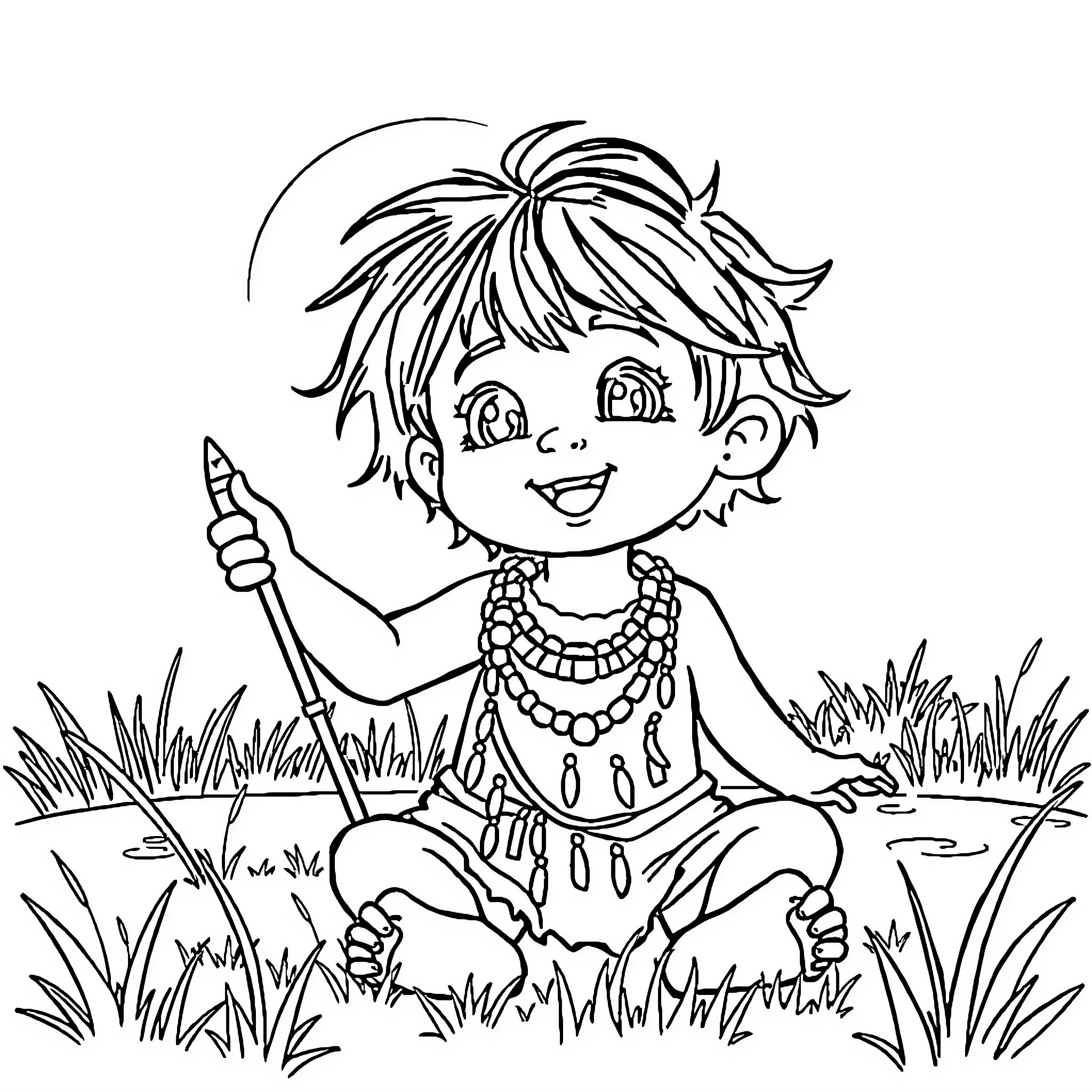 Boy playing joyfully with stick in grassy field Coloring Page (free black-and-white line drawing printable PDF for all, from beginners to advanced learners, including children, teens, adults, and seniors)