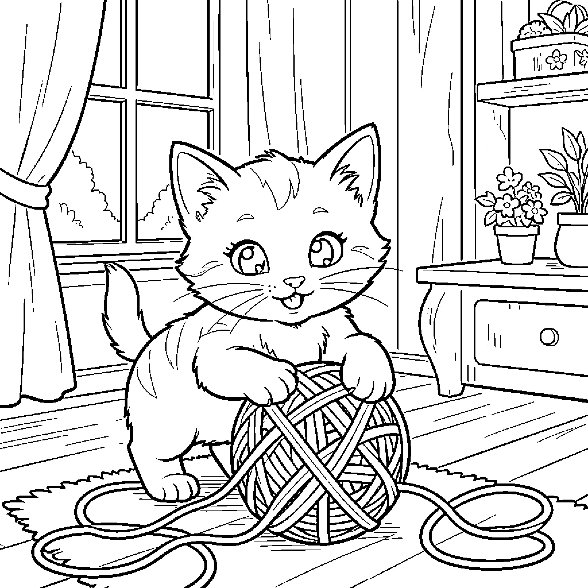 Kitten playing with yarn in a cozy room Coloring Page (free black-and-white line drawing printable PDF for all, from beginners to advanced learners, including children, teens, adults, and seniors)