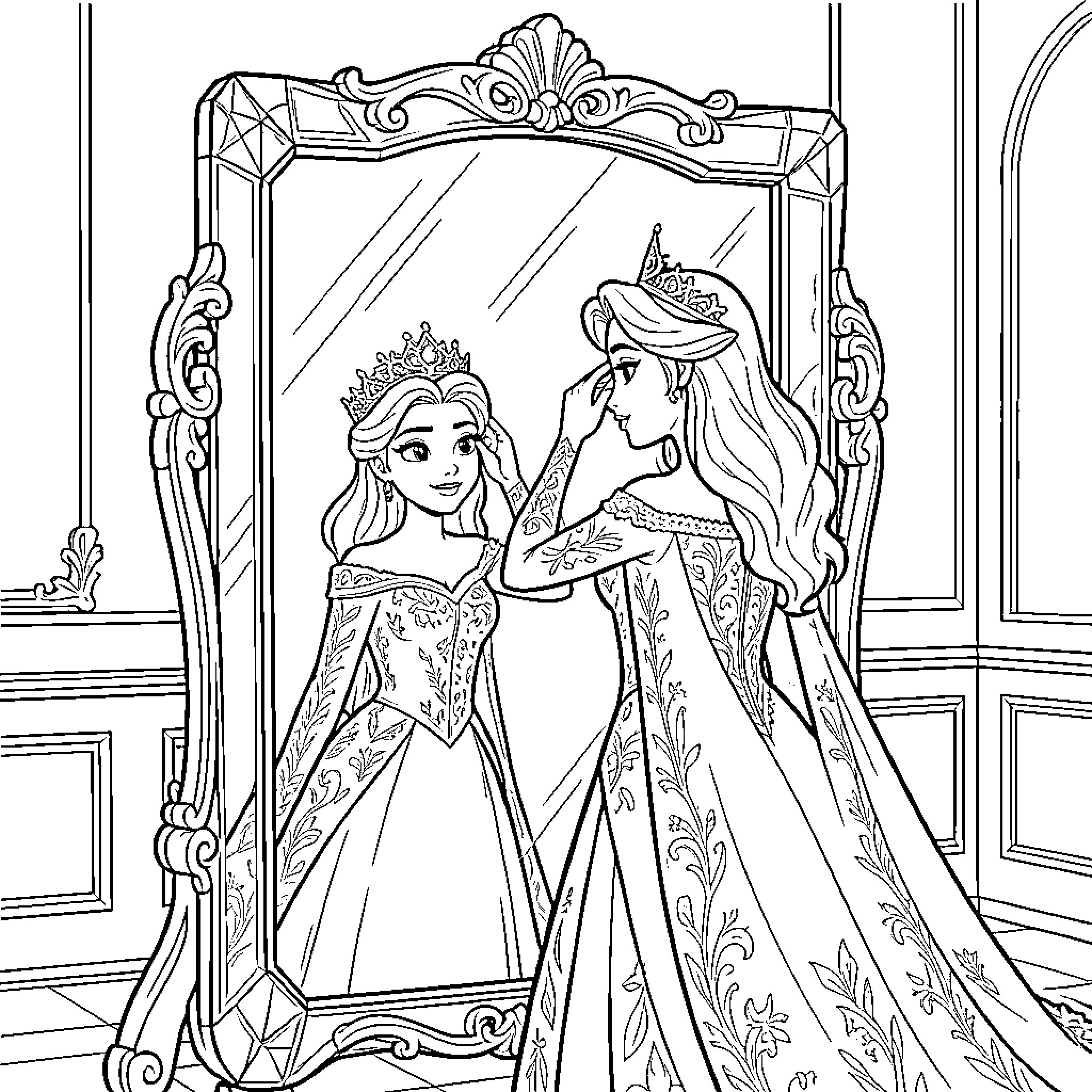 Snow Queen admiring herself in a large ornate mirror Coloring Page (free black-and-white line drawing printable PDF for all, from beginners to advanced learners, including children, teens, adults, and seniors)