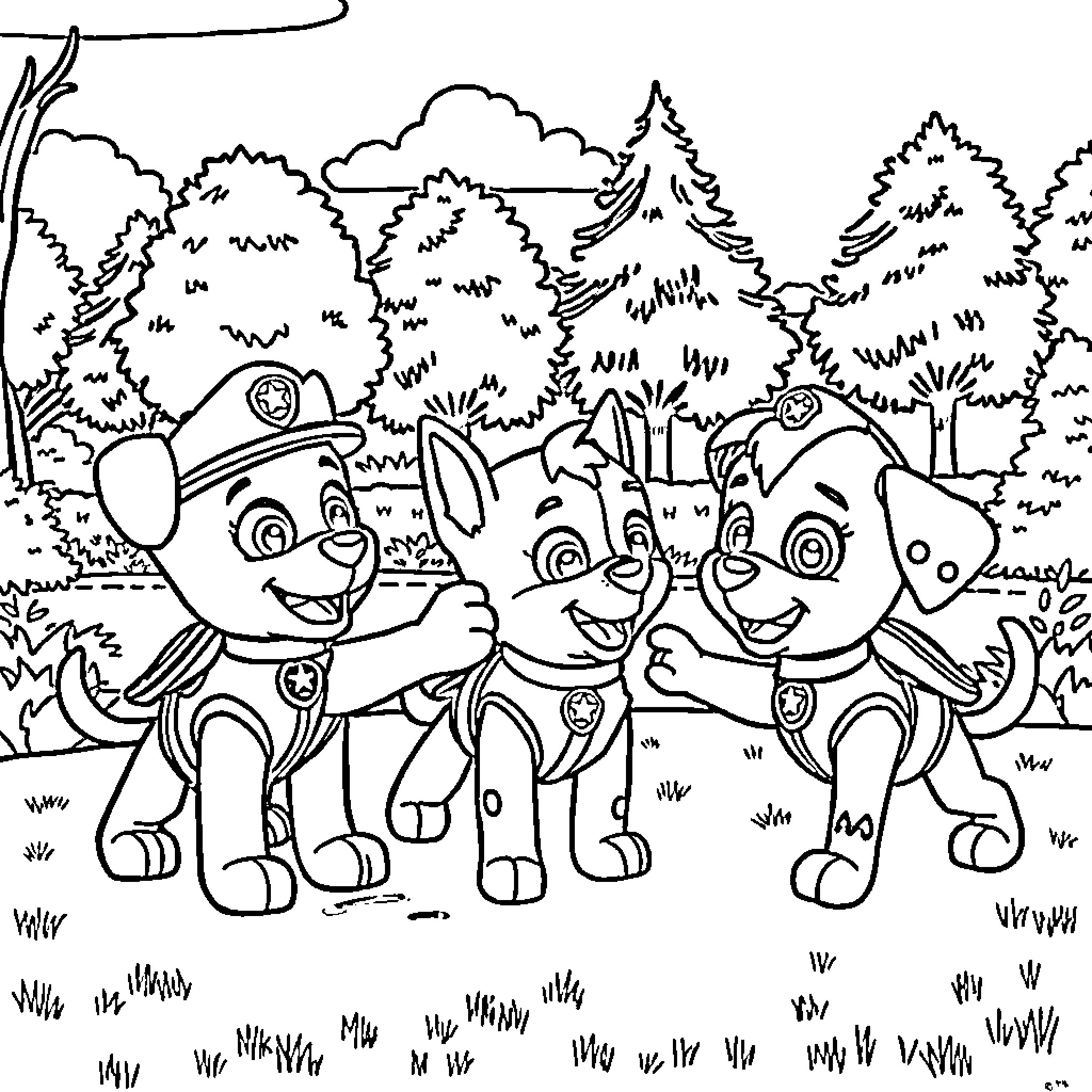 Mini Cartoon Puppies Playing in the Forest Coloring Page (free black-and-white line drawing printable PDF for all, from beginners to advanced learners, including children, teens, adults, and seniors)