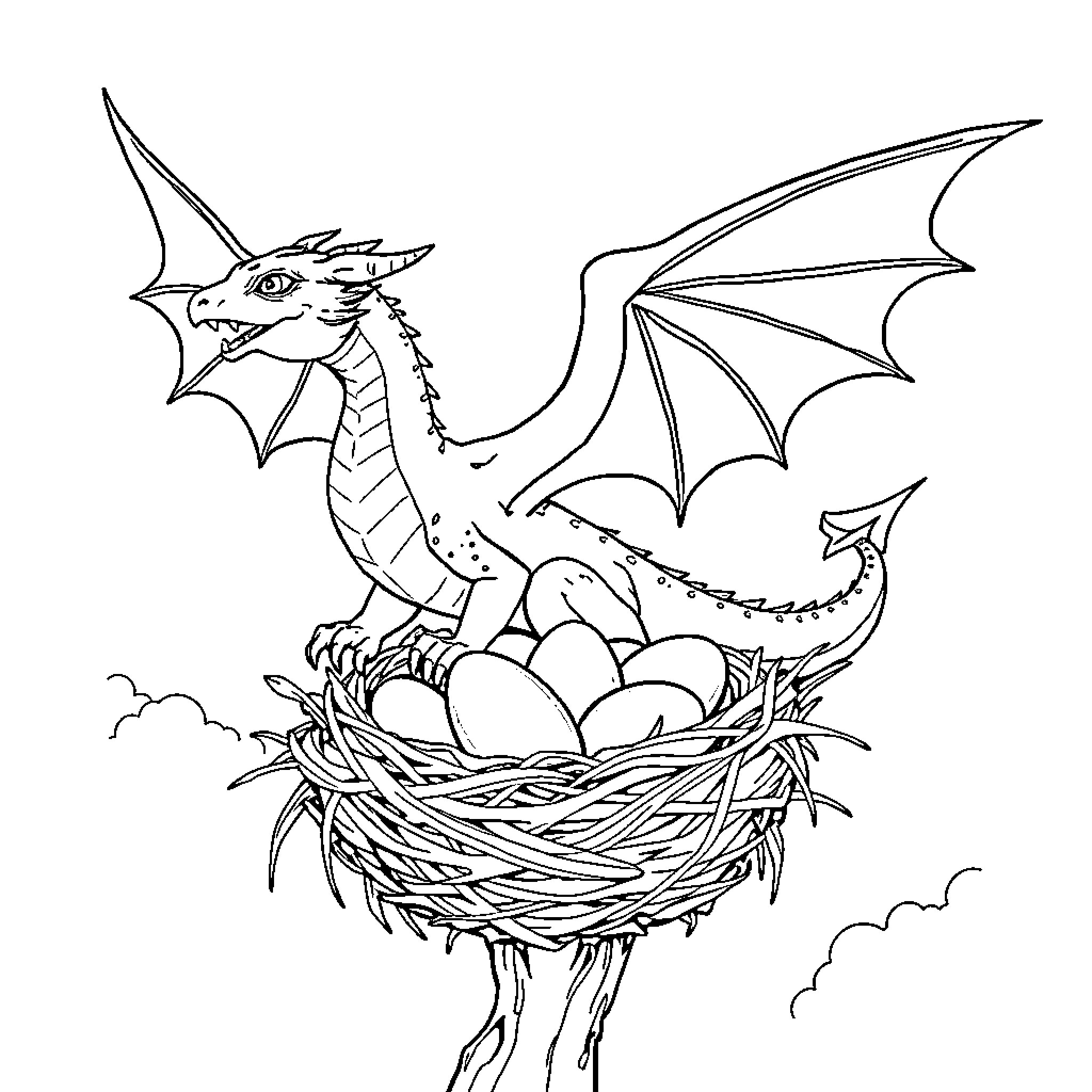 Dragon guarding its eggs in a nest Coloring Page (free black-and-white line drawing printable PDF for all, from beginners to advanced learners, including children, teens, adults, and seniors)