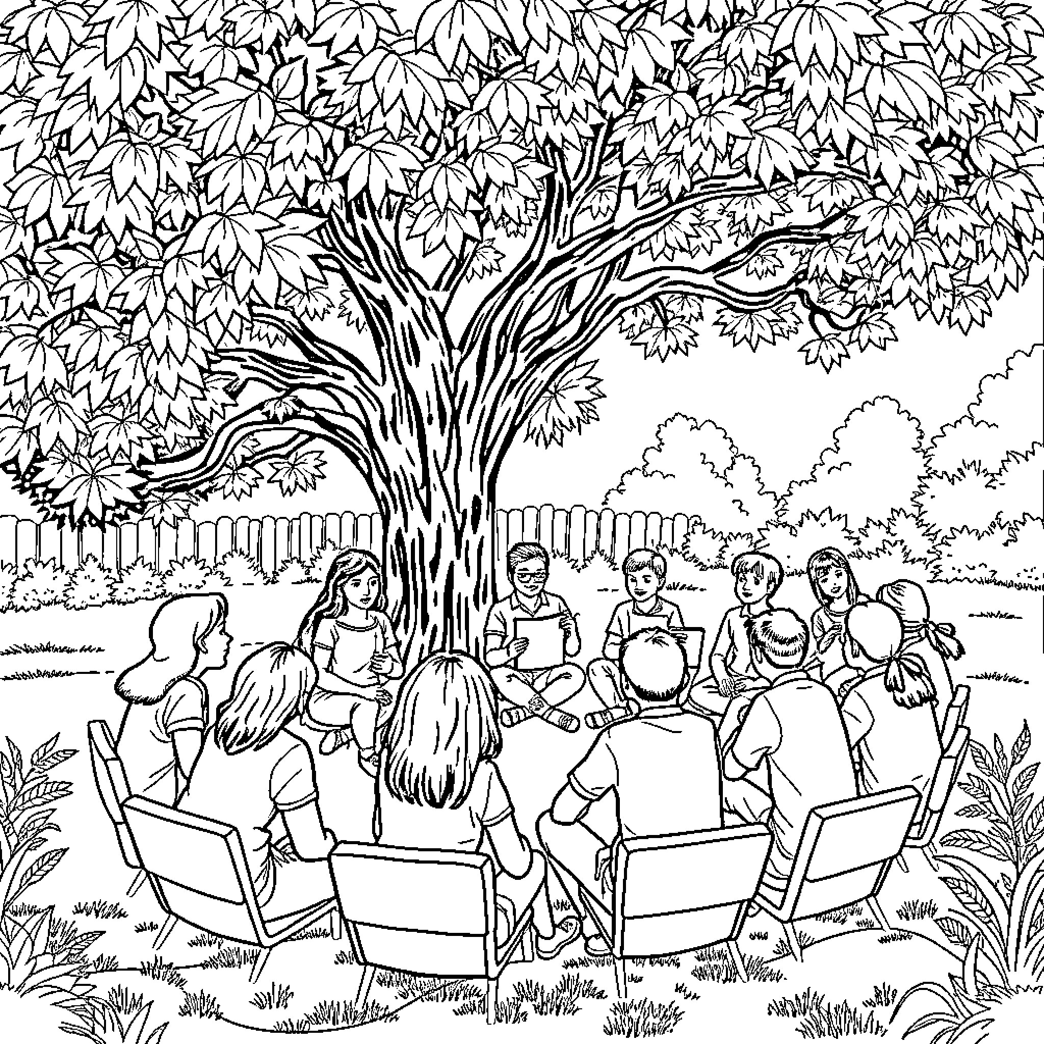 Students sharing snacks and enjoying outdoor time together Coloring Page (free black-and-white line drawing printable PDF for all, from beginners to advanced learners, including children, teens, adults, and seniors)