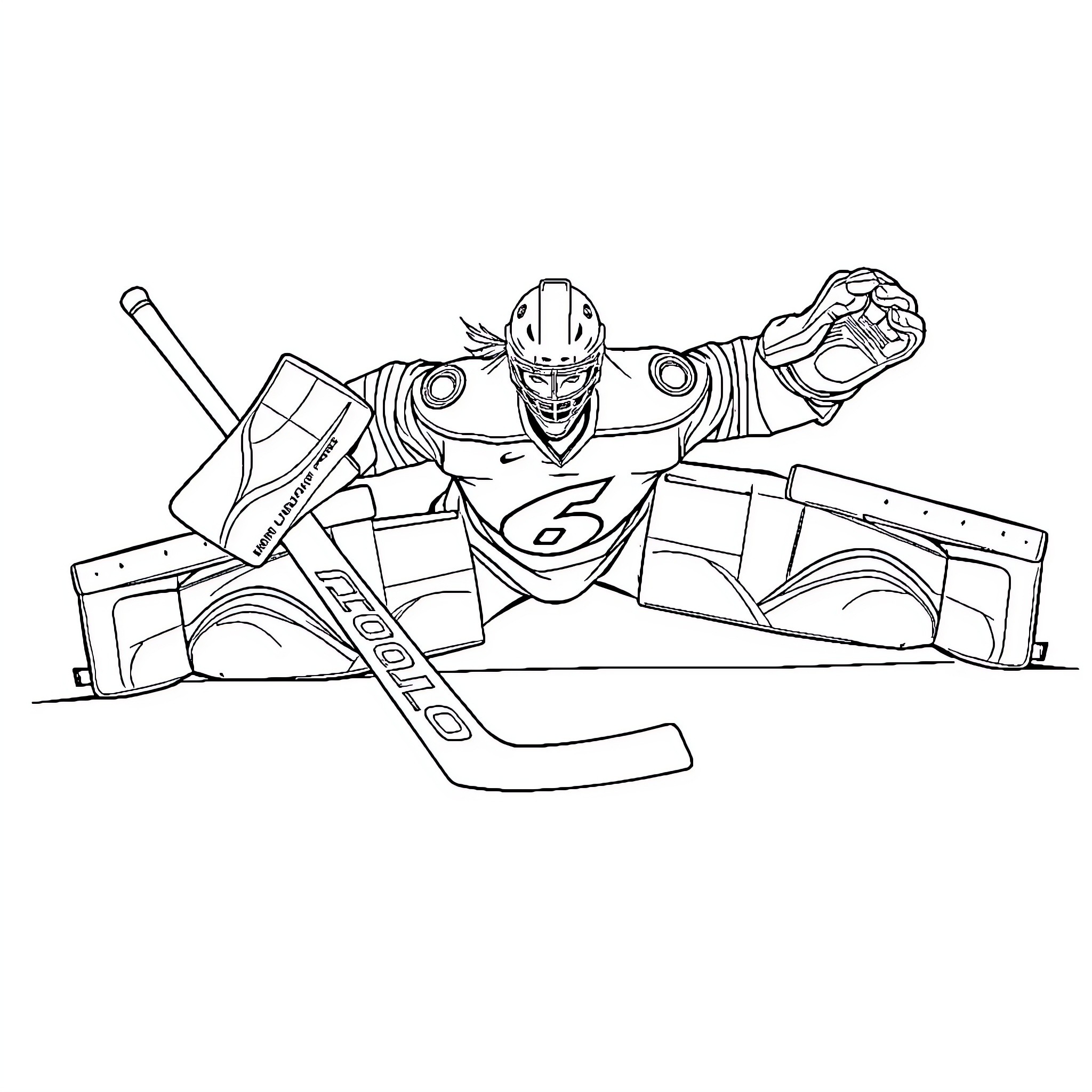 Hockey Goalie Guarding the Net with Determination Coloring Page (free black-and-white line drawing printable PDF for all, from beginners to advanced learners, including children, teens, adults, and seniors)
