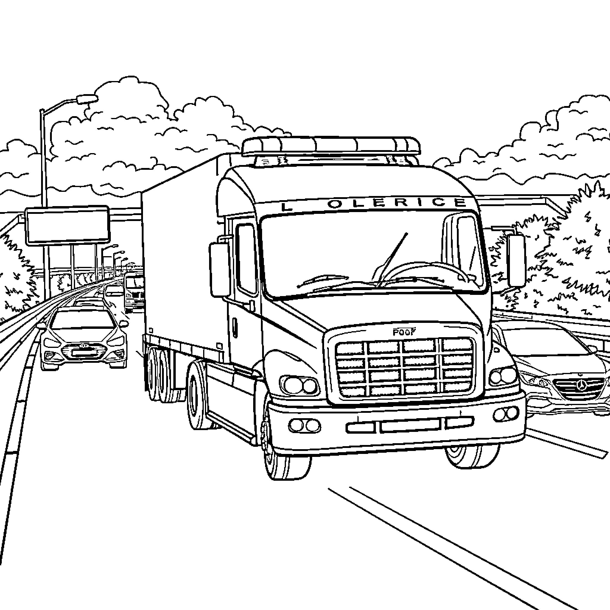 Police Truck on patrol in urban city scene Coloring Page (free black-and-white line drawing printable PDF for all, from beginners to advanced learners, including children, teens, adults, and seniors)