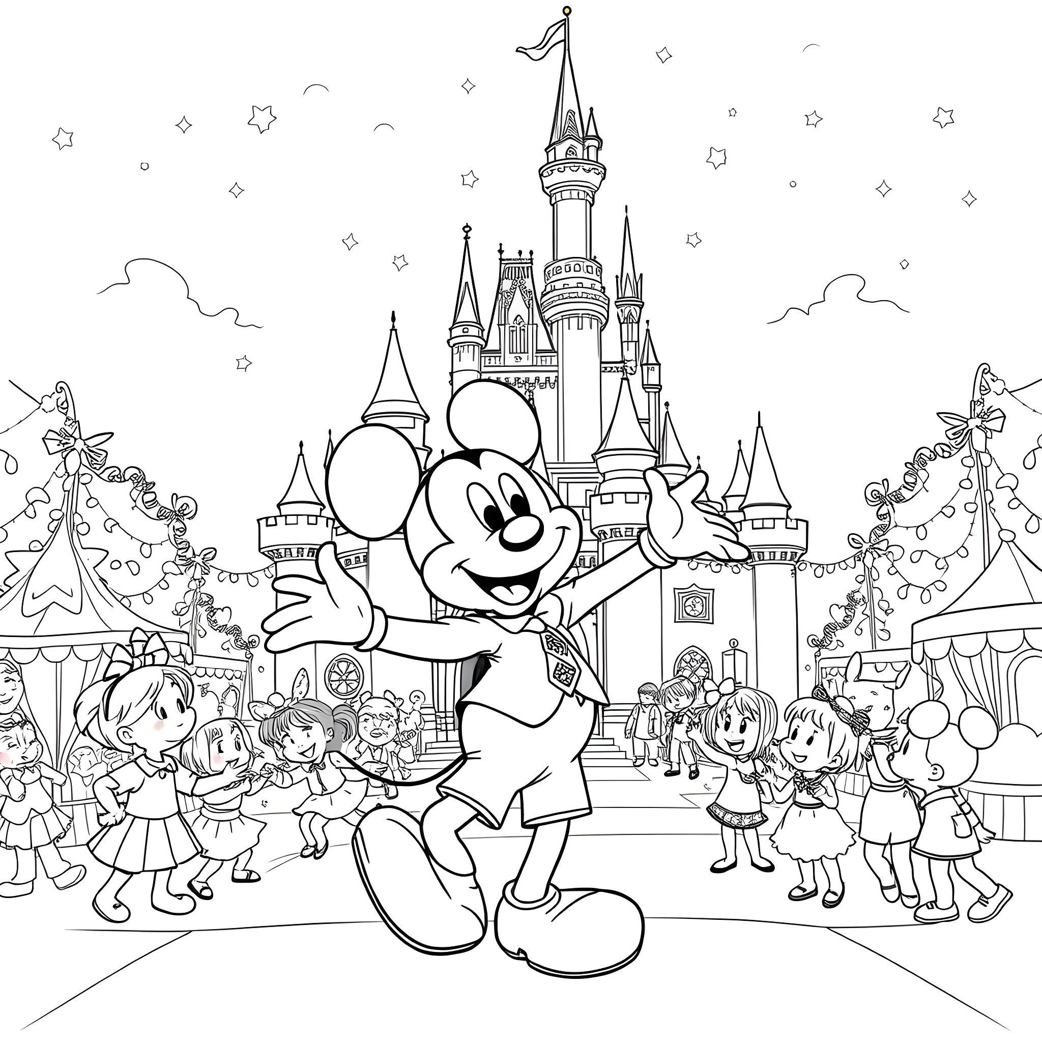 Mickey Mouse and friends at the Disney castle Coloring Page (free black-and-white line drawing printable PDF for all, from beginners to advanced learners, including children, teens, adults, and seniors)