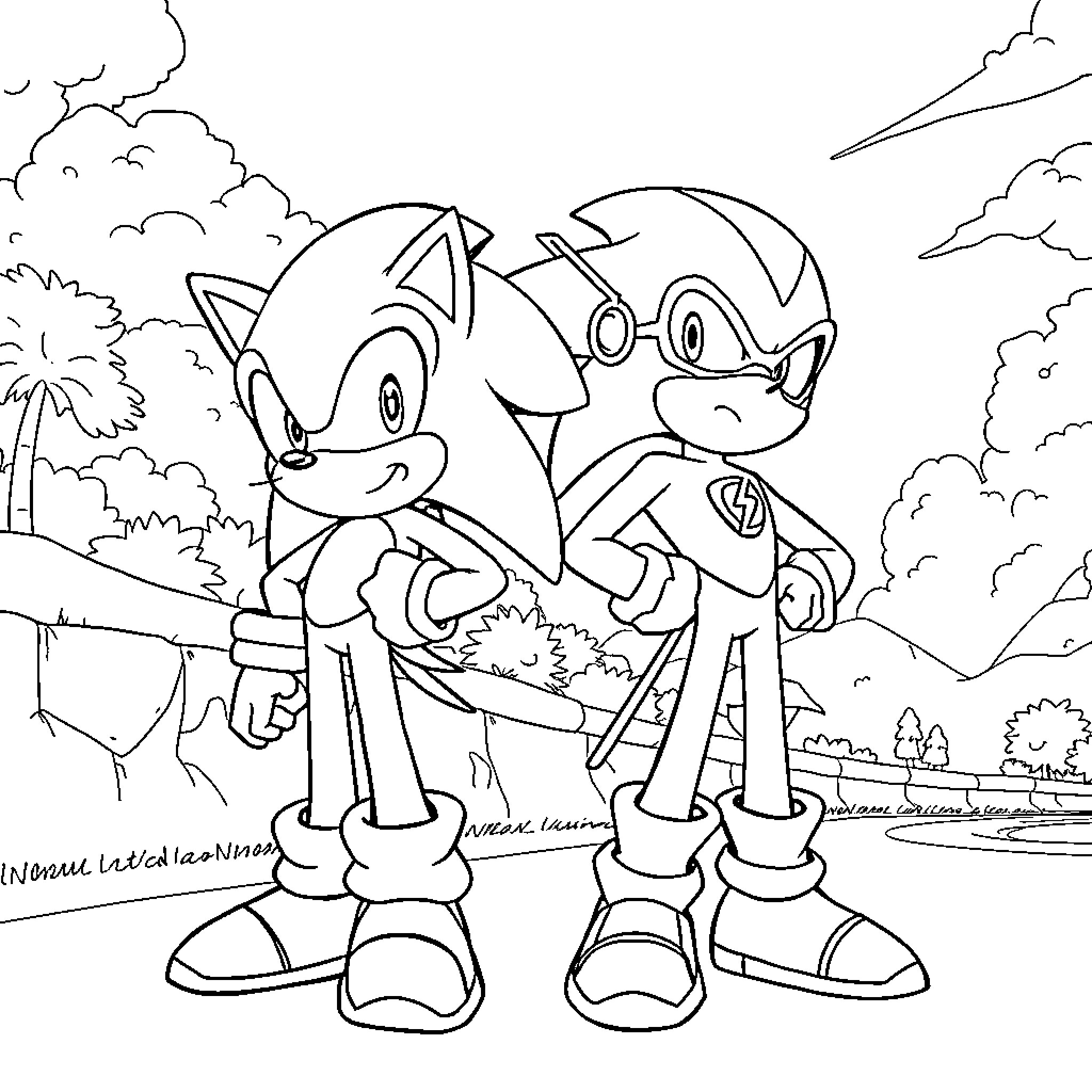 Sonic and Knuckles in an Outdoor Adventure Coloring Page (free black-and-white line drawing printable PDF for all, from beginners to advanced learners, including children, teens, adults, and seniors)