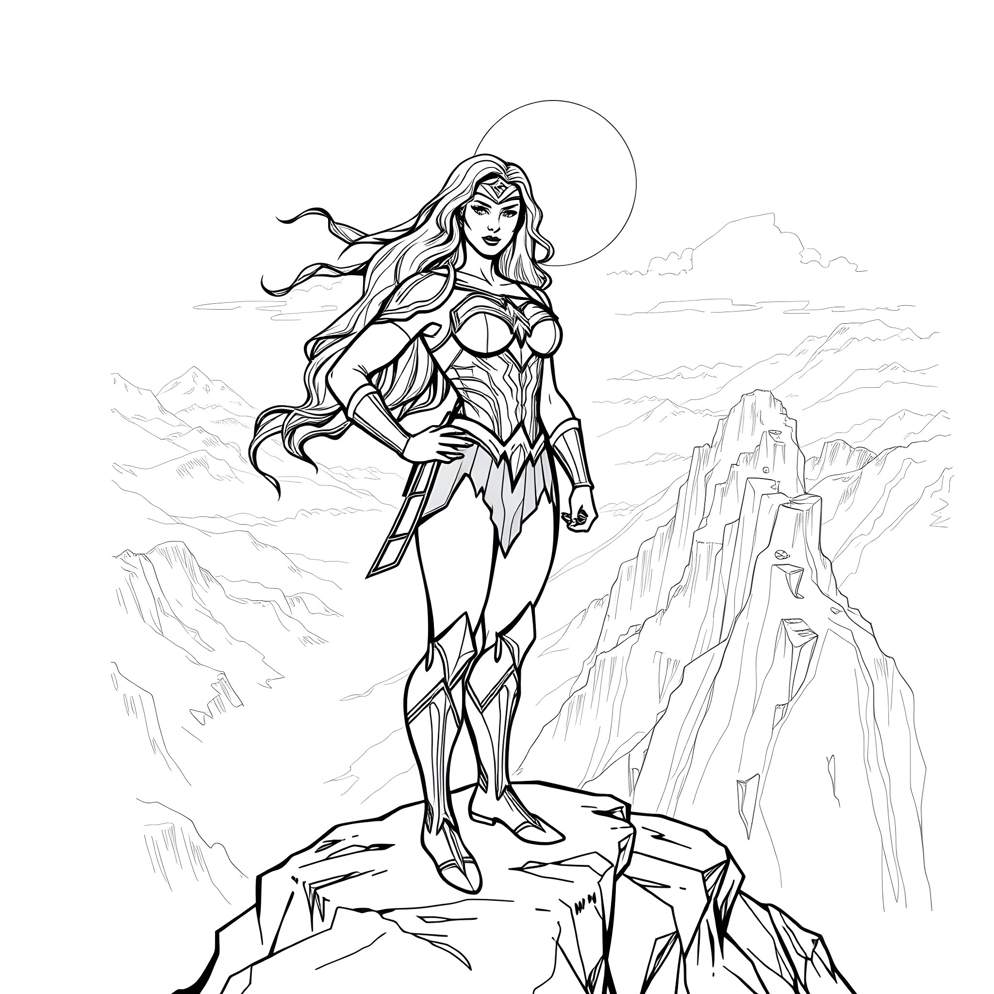 Wonder Woman heroically standing on a rocky cliff Coloring Page (free black-and-white line drawing printable PDF for all, from beginners to advanced learners, including children, teens, adults, and seniors)