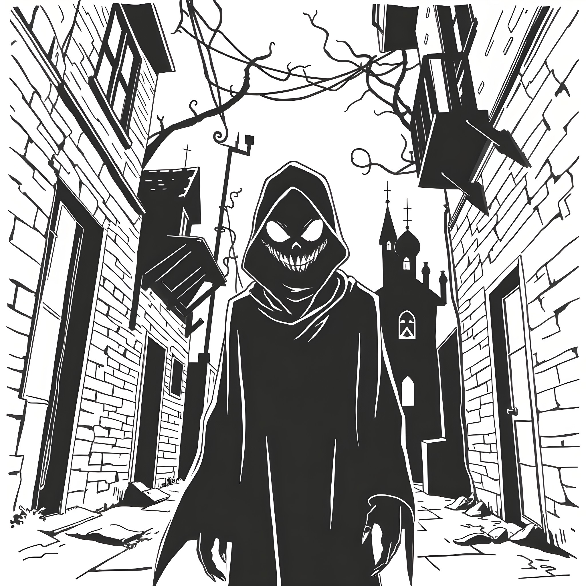 Human in dark cloak walking down eerie street Coloring Page (free black-and-white line drawing printable PDF for all, from beginners to advanced learners, including children, teens, adults, and seniors)