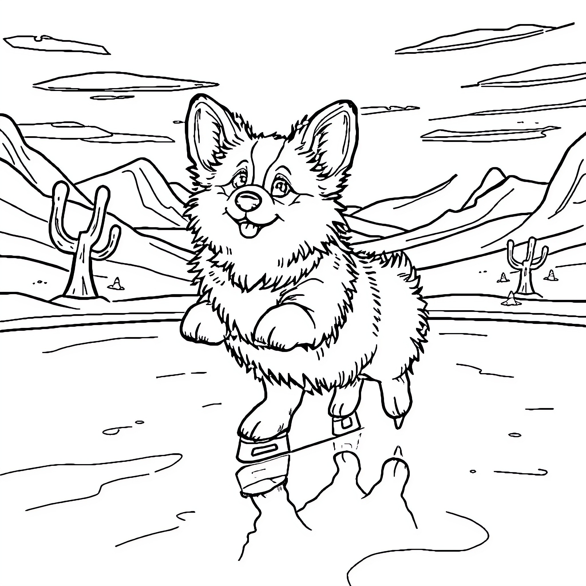 Corgi hiking through a winter wonderland Coloring Page (free black-and-white line drawing printable PDF for all, from beginners to advanced learners, including children, teens, adults, and seniors)