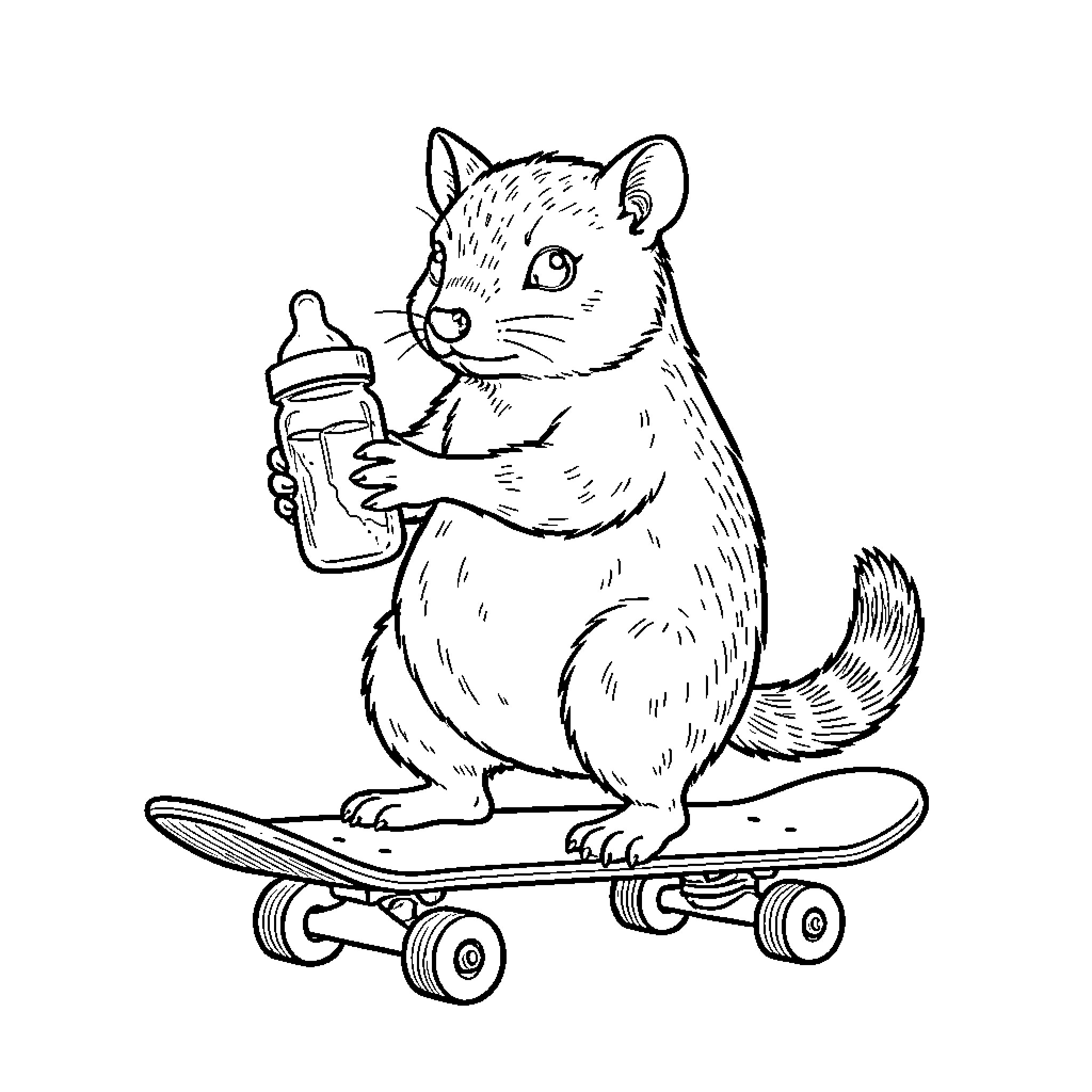 Suricata riding skateboard and drinking from bottle Coloring Page (free black-and-white line drawing printable PDF for all, from beginners to advanced learners, including children, teens, adults, and seniors)