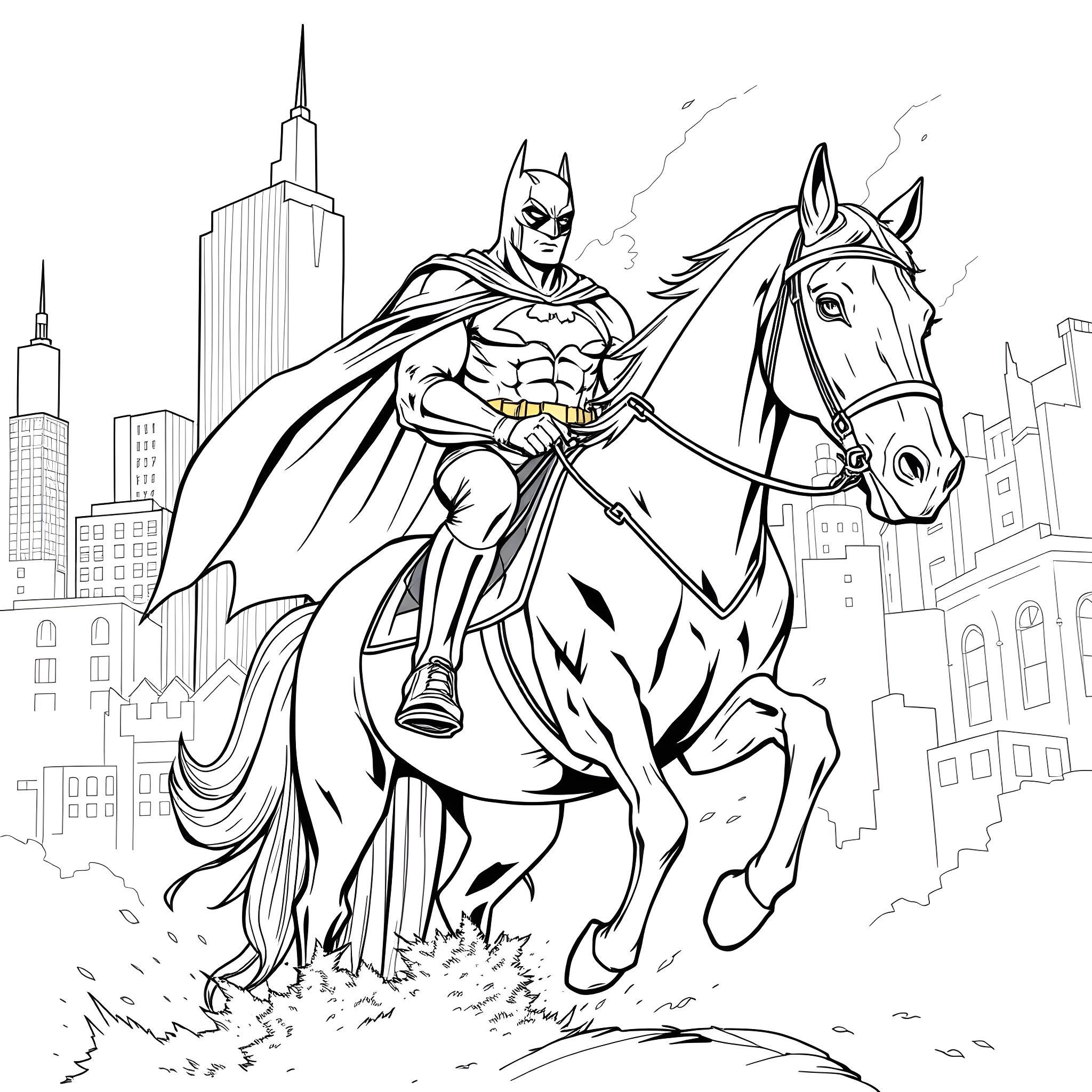 Batman riding a horse through the city Coloring Page (free black-and-white line drawing printable PDF for all, from beginners to advanced learners, including children, teens, adults, and seniors)