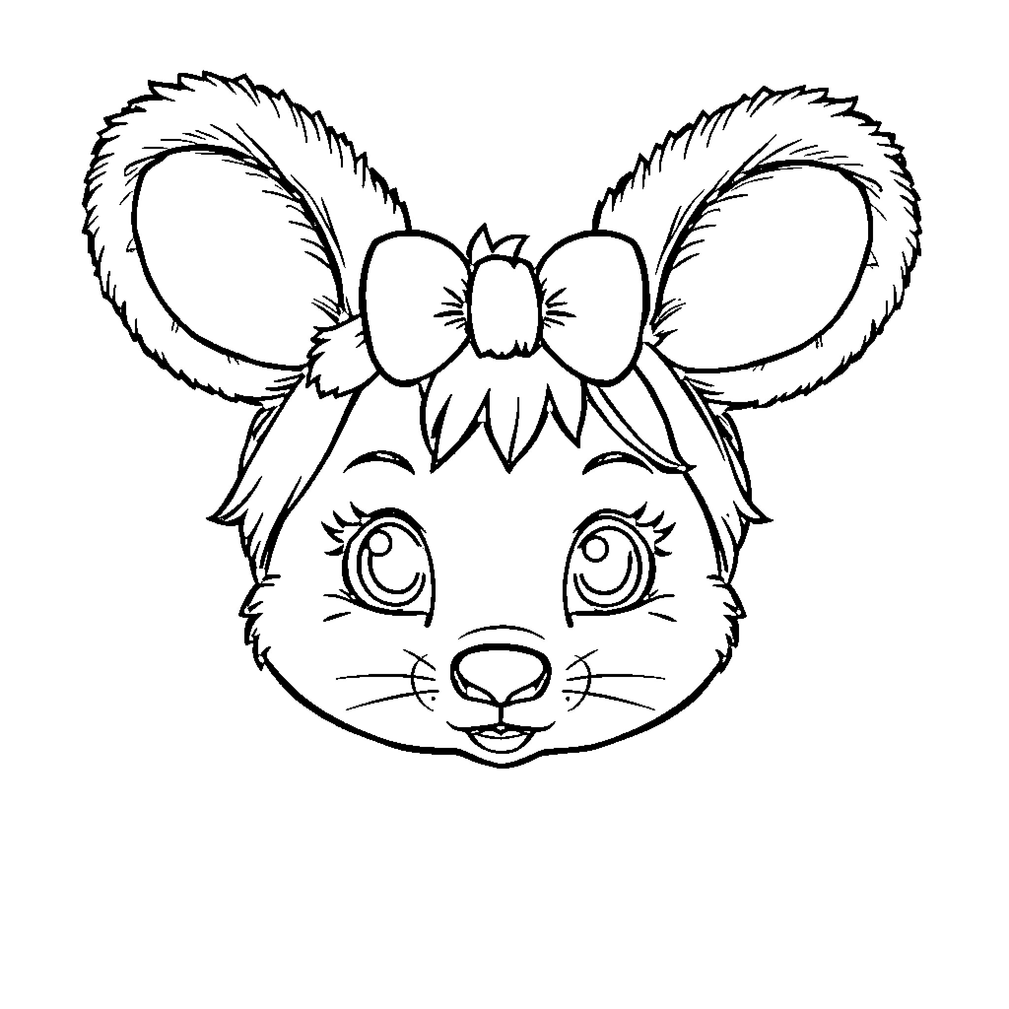 Mouse with big bow and cute expression Coloring Page (free black-and-white line drawing printable PDF for all, from beginners to advanced learners, including children, teens, adults, and seniors)