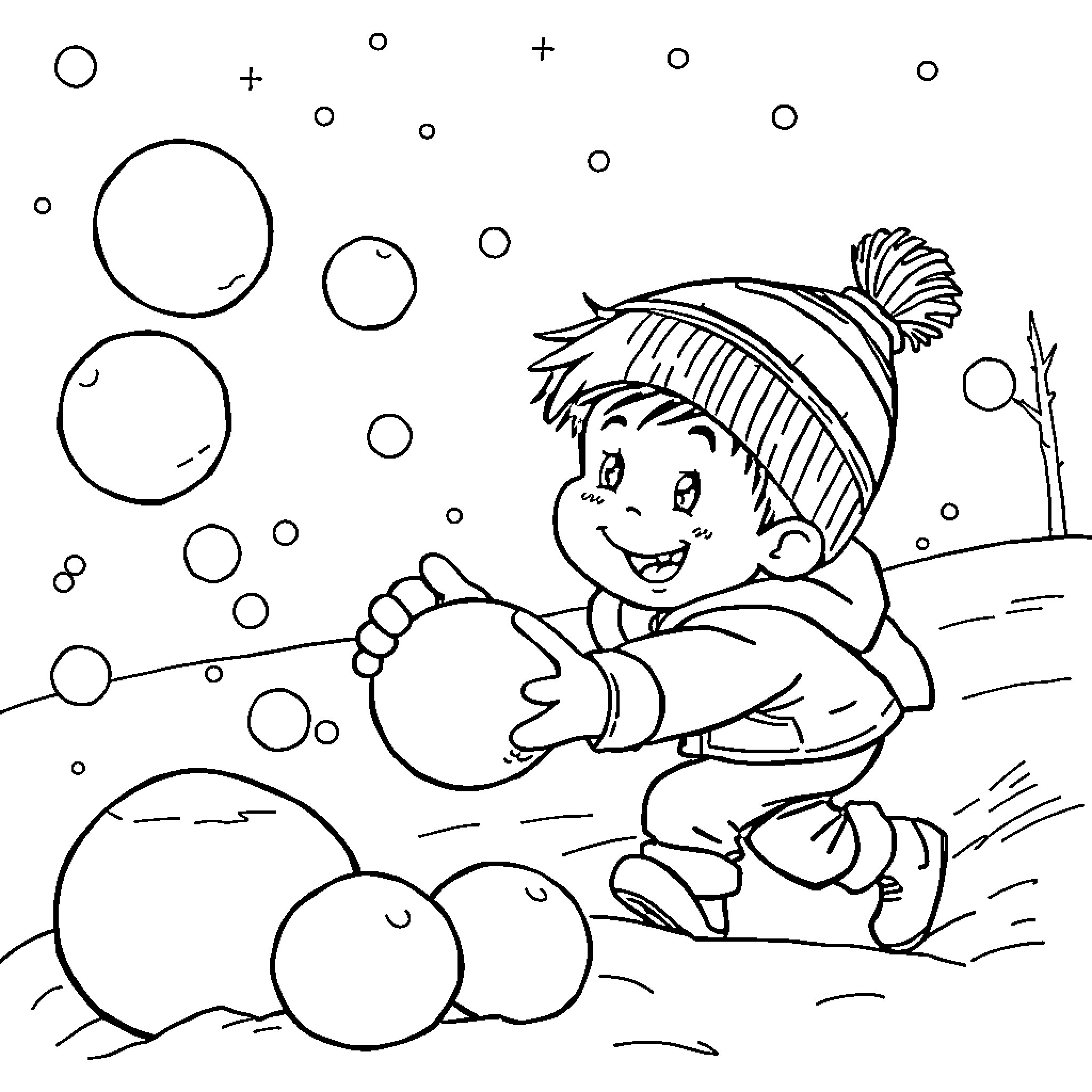 Child playing happily in the snow Coloring Page (free black-and-white line drawing printable PDF for all, from beginners to advanced learners, including children, teens, adults, and seniors)