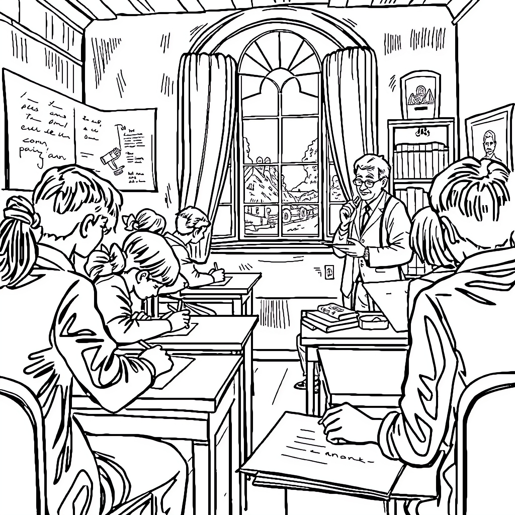 History of Students Learning in Classroom Coloring Page (free black-and-white line drawing printable PDF for all, from beginners to advanced learners, including children, teens, adults, and seniors)