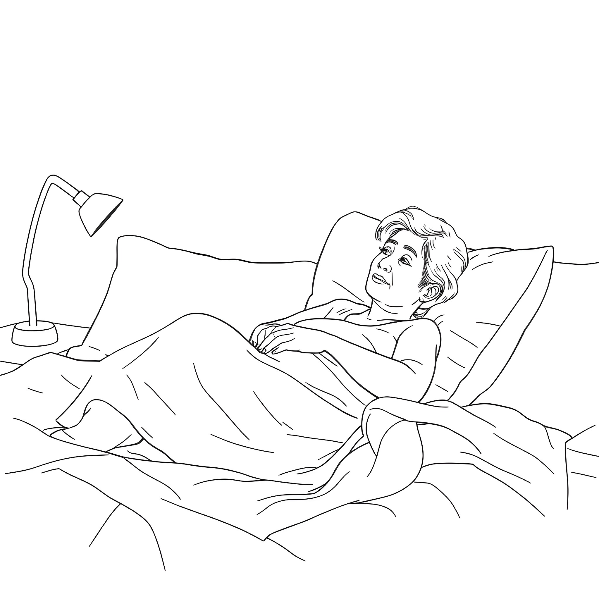 Woman resting comfortably in bed Coloring Page (free black-and-white line drawing printable PDF for all, from beginners to advanced learners, including children, teens, adults, and seniors)