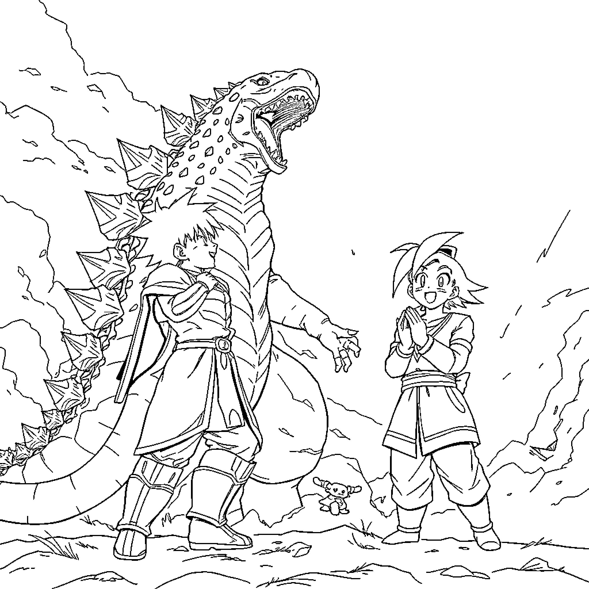 Kirito facing a fearsome dragon in battle Coloring Page (free black-and-white line drawing printable PDF for all, from beginners to advanced learners, including children, teens, adults, and seniors)