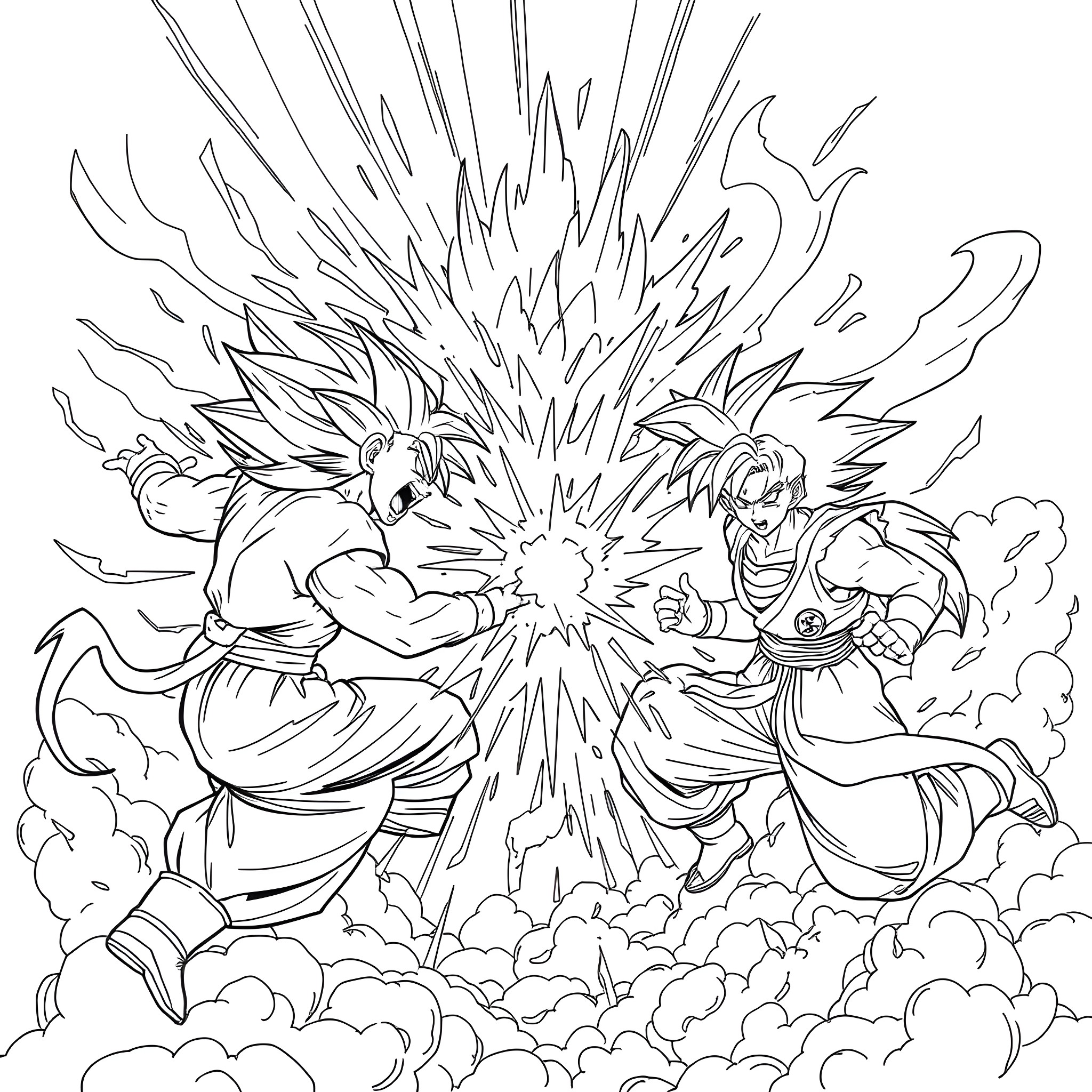 Dragon Ball Z - Intense battle between powerful warriors Coloring Page (free black-and-white line drawing printable PDF for all, from beginners to advanced learners, including children, teens, adults, and seniors)