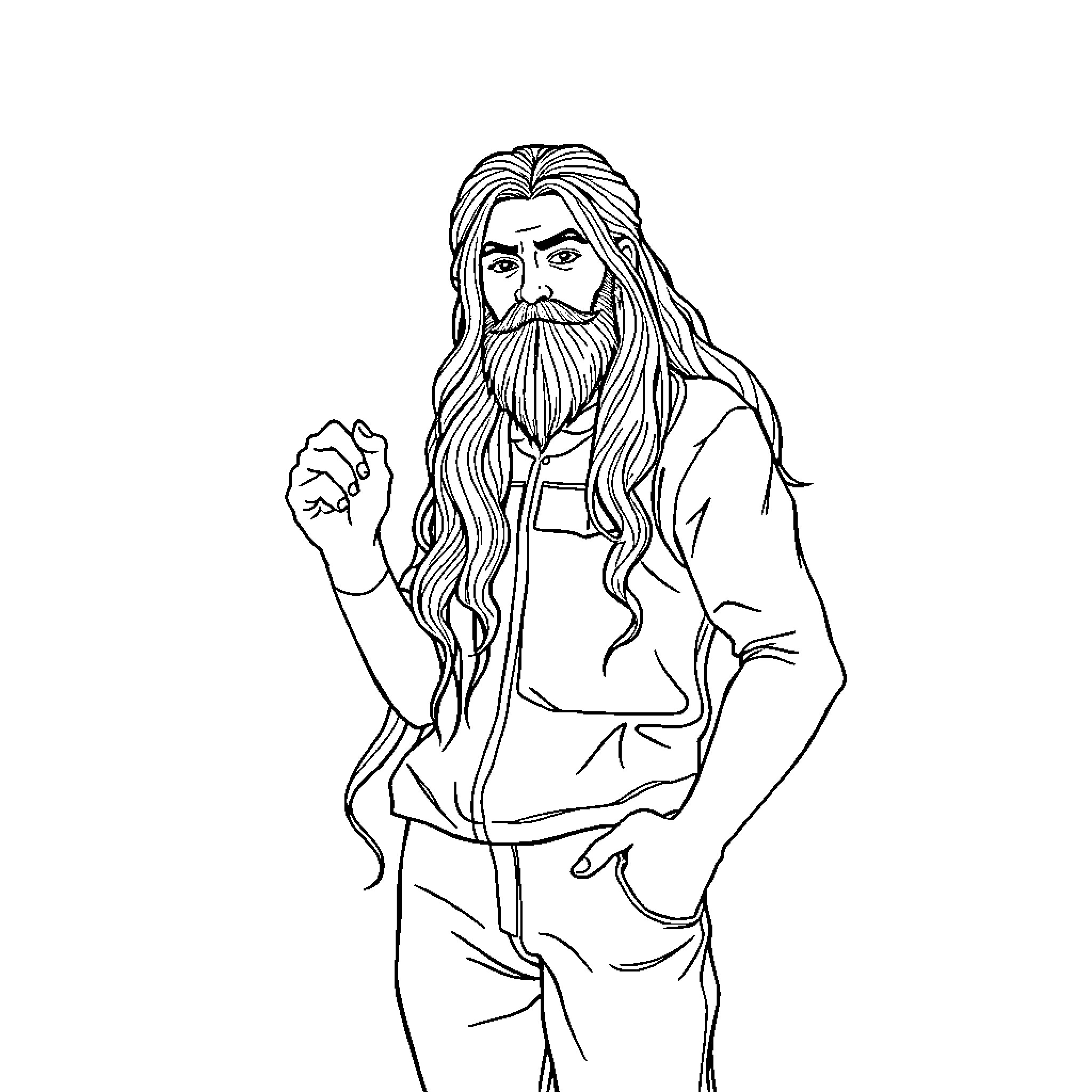 Aider with Long Beard and Disheveled Appearance Coloring Page (free black-and-white line drawing printable PDF for all, from beginners to advanced learners, including children, teens, adults, and seniors)
