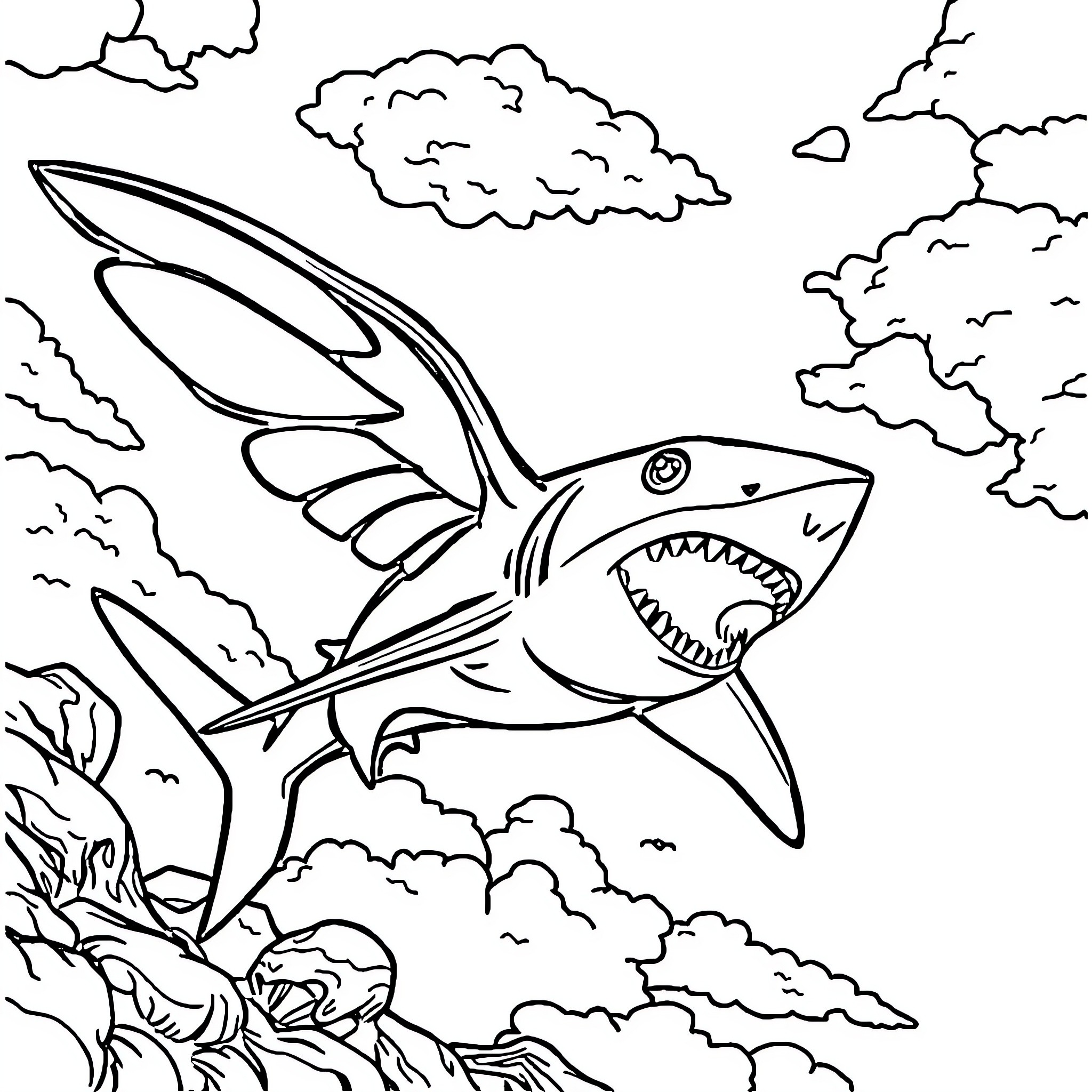 Shark jumping out of water with clouds Coloring Page (free black-and-white line drawing printable PDF for all, from beginners to advanced learners, including children, teens, adults, and seniors)