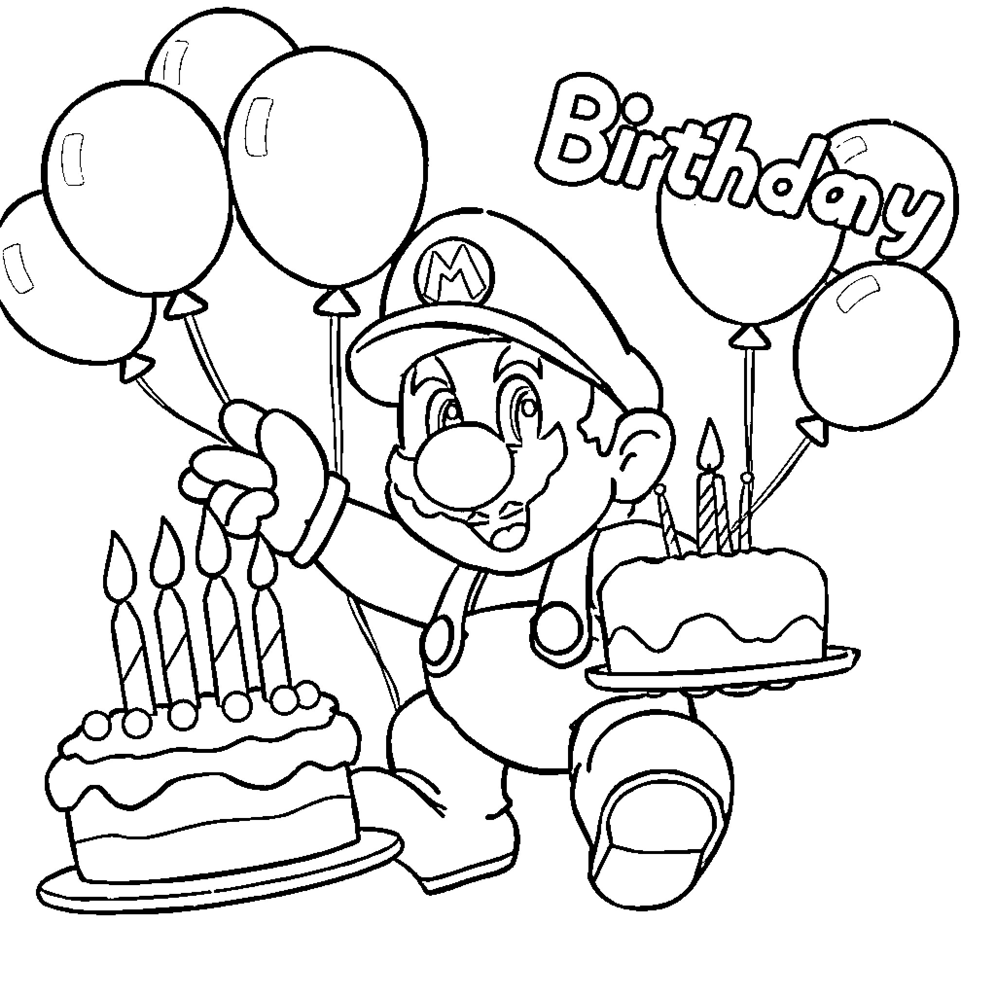 Super Mario's Birthday Celebration with Cake and Balloons Coloring Page (free black-and-white line drawing printable PDF for all, from beginners to advanced learners, including children, teens, adults, and seniors)