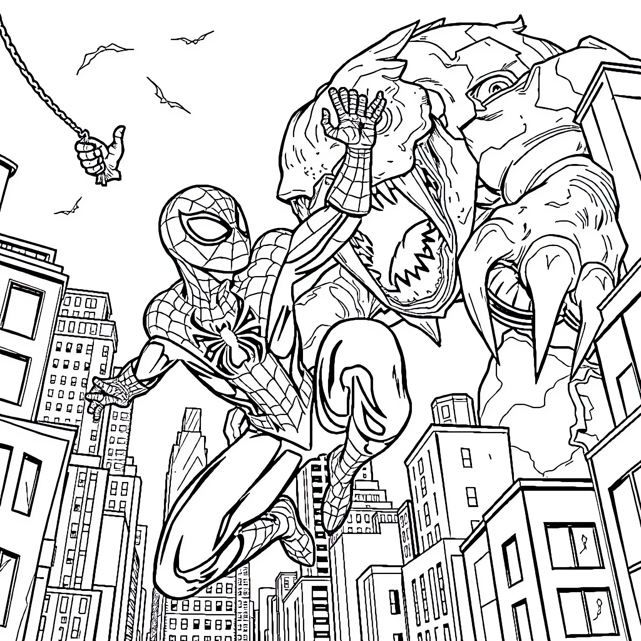 Spider-Man swinging through the city facing a giant monster Coloring Page (free black-and-white line drawing printable PDF for all, from beginners to advanced learners, including children, teens, adults, and seniors)