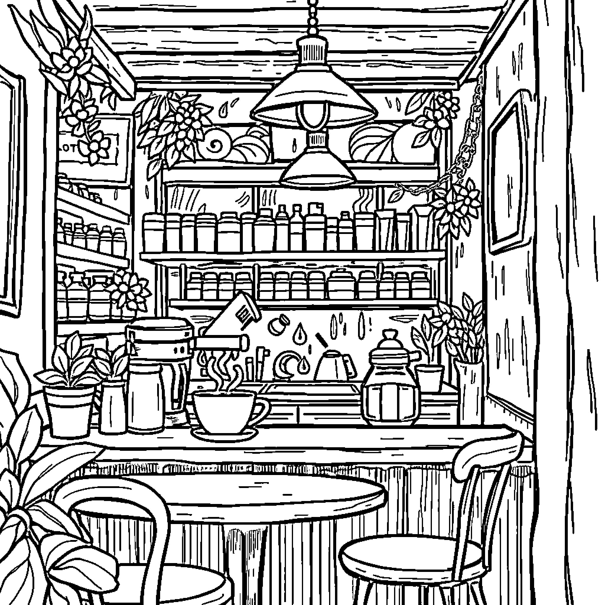 Coffee Shop Interior with Decorative Elements Coloring Page (free black-and-white line drawing printable PDF for all, from beginners to advanced learners, including children, teens, adults, and seniors)