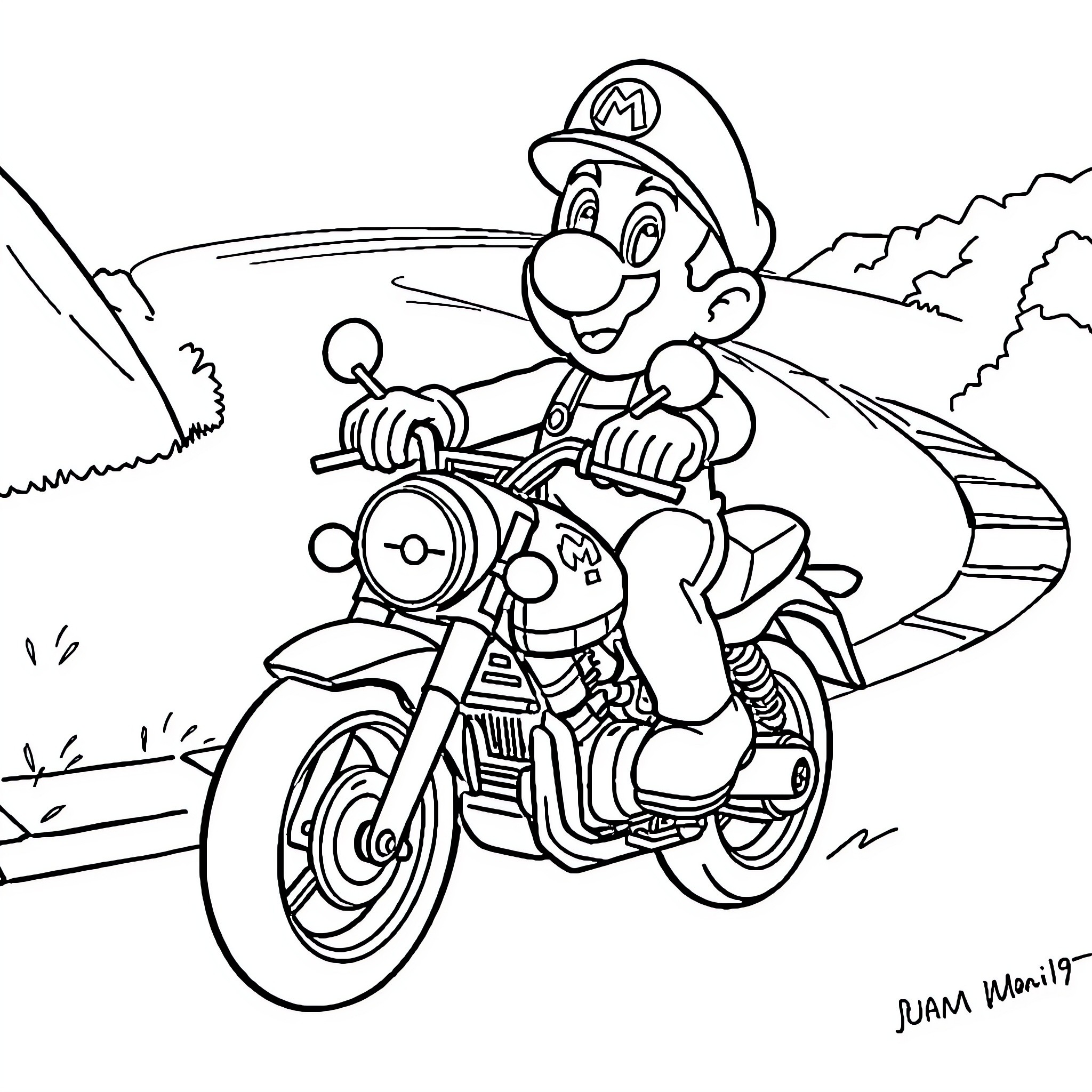 Mario riding motorcycle through landscape Coloring Page (free black-and-white line drawing printable PDF for all, from beginners to advanced learners, including children, teens, adults, and seniors)