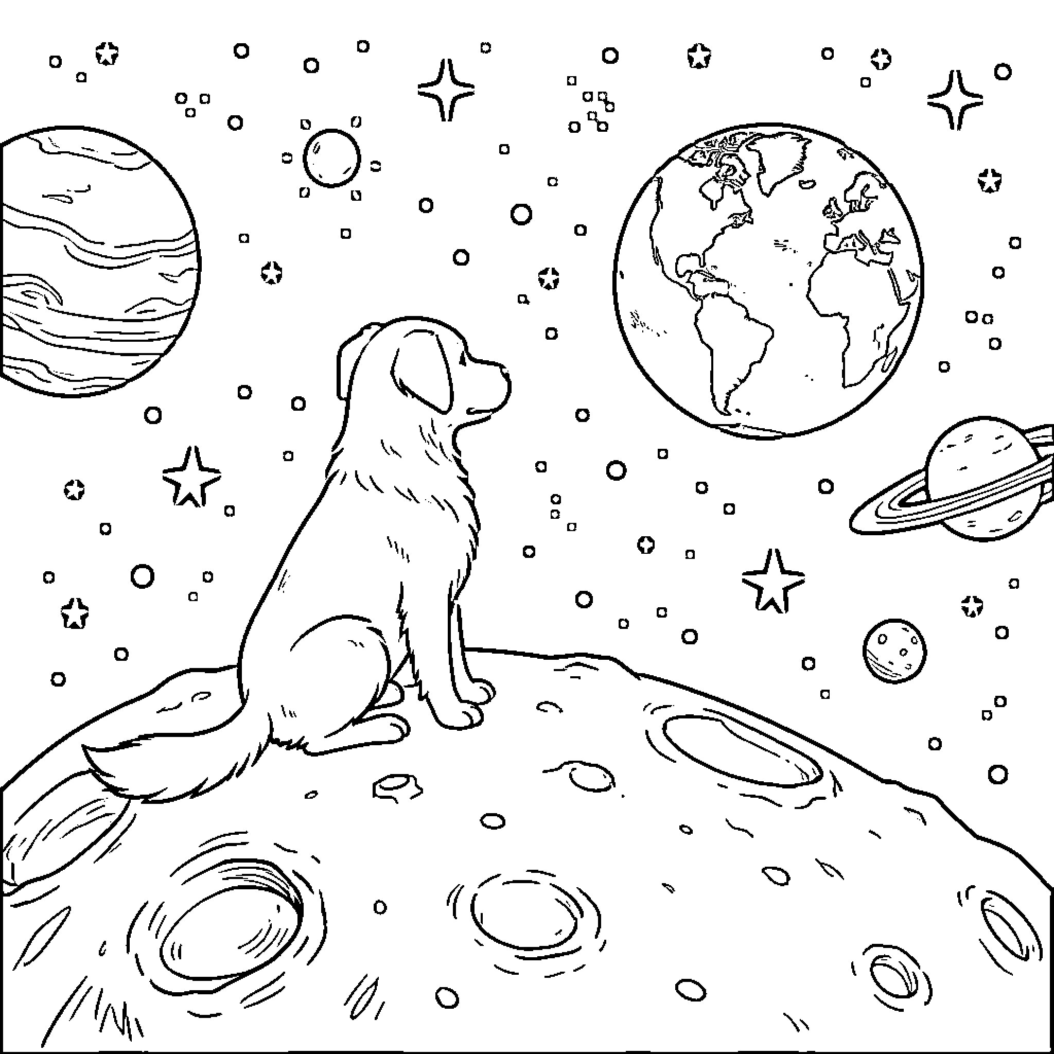 Perro sitting on the moon looking at planets Coloring Page (free black-and-white line drawing printable PDF for all, from beginners to advanced learners, including children, teens, adults, and seniors)
