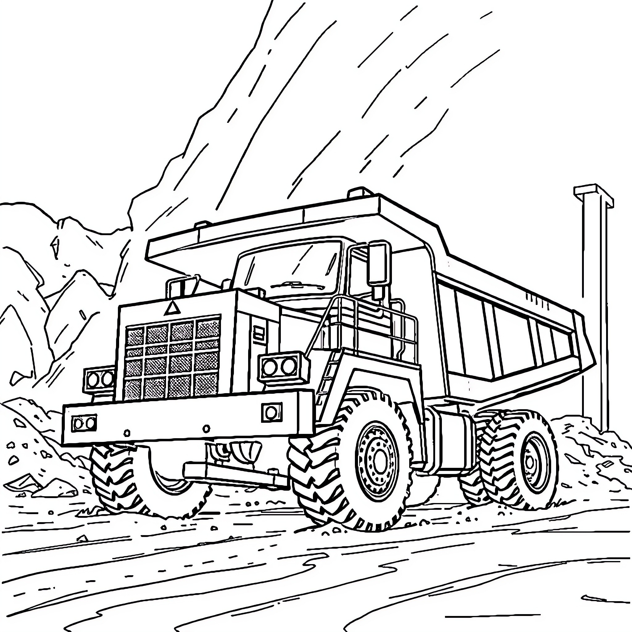 Truck transporting cargo in rugged terrain Coloring Page (free black-and-white line drawing printable PDF for all, from beginners to advanced learners, including children, teens, adults, and seniors)