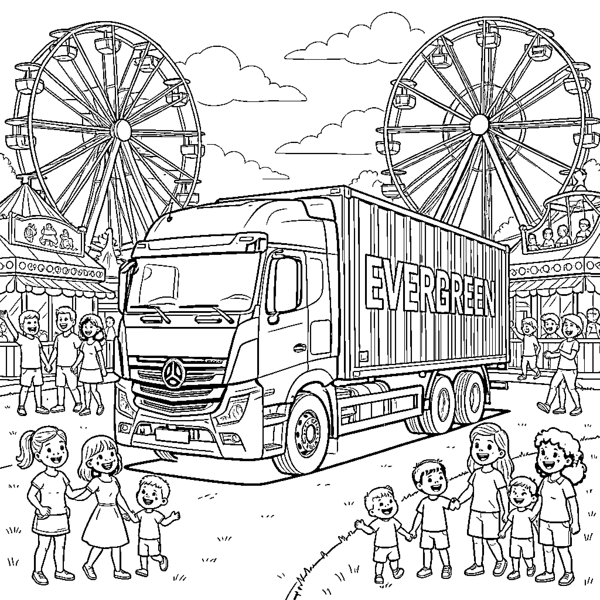 Container Truck Transporting Goods at Carnival Coloring Page (free black-and-white line drawing printable PDF for all, from beginners to advanced learners, including children, teens, adults, and seniors)