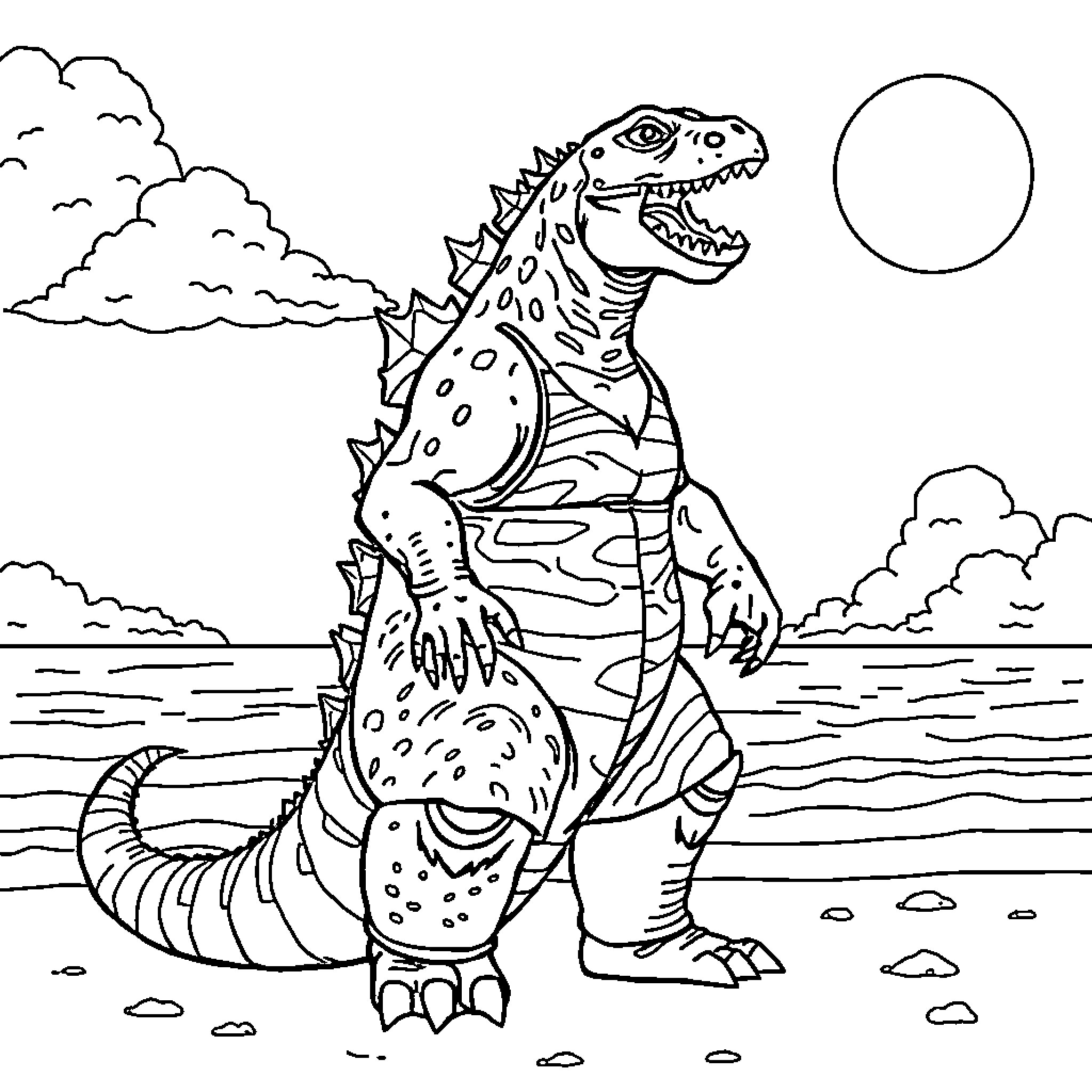 Godzilla roaring by the ocean on a moonlit night Coloring Page (free black-and-white line drawing printable PDF for all, from beginners to advanced learners, including children, teens, adults, and seniors)