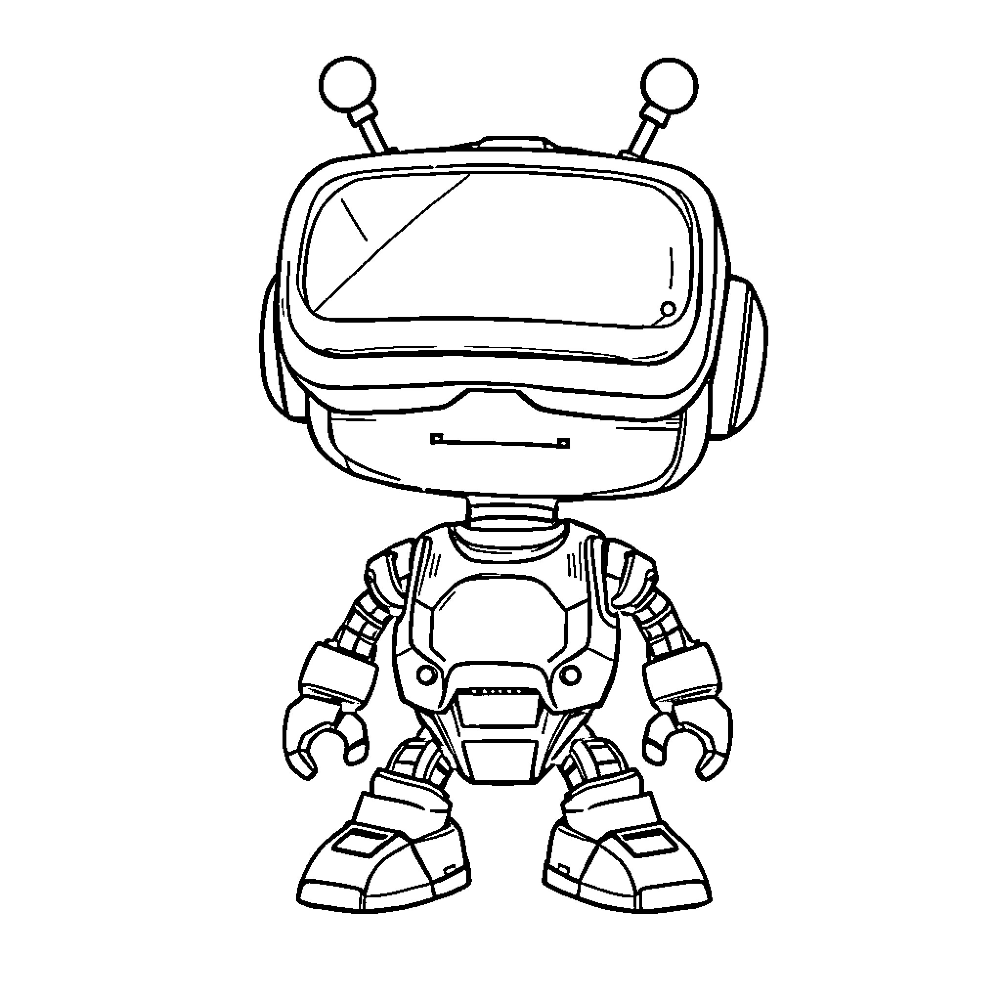 Robot exploring virtual reality in futuristic outfit Coloring Page (free black-and-white line drawing printable PDF for all, from beginners to advanced learners, including children, teens, adults, and seniors)