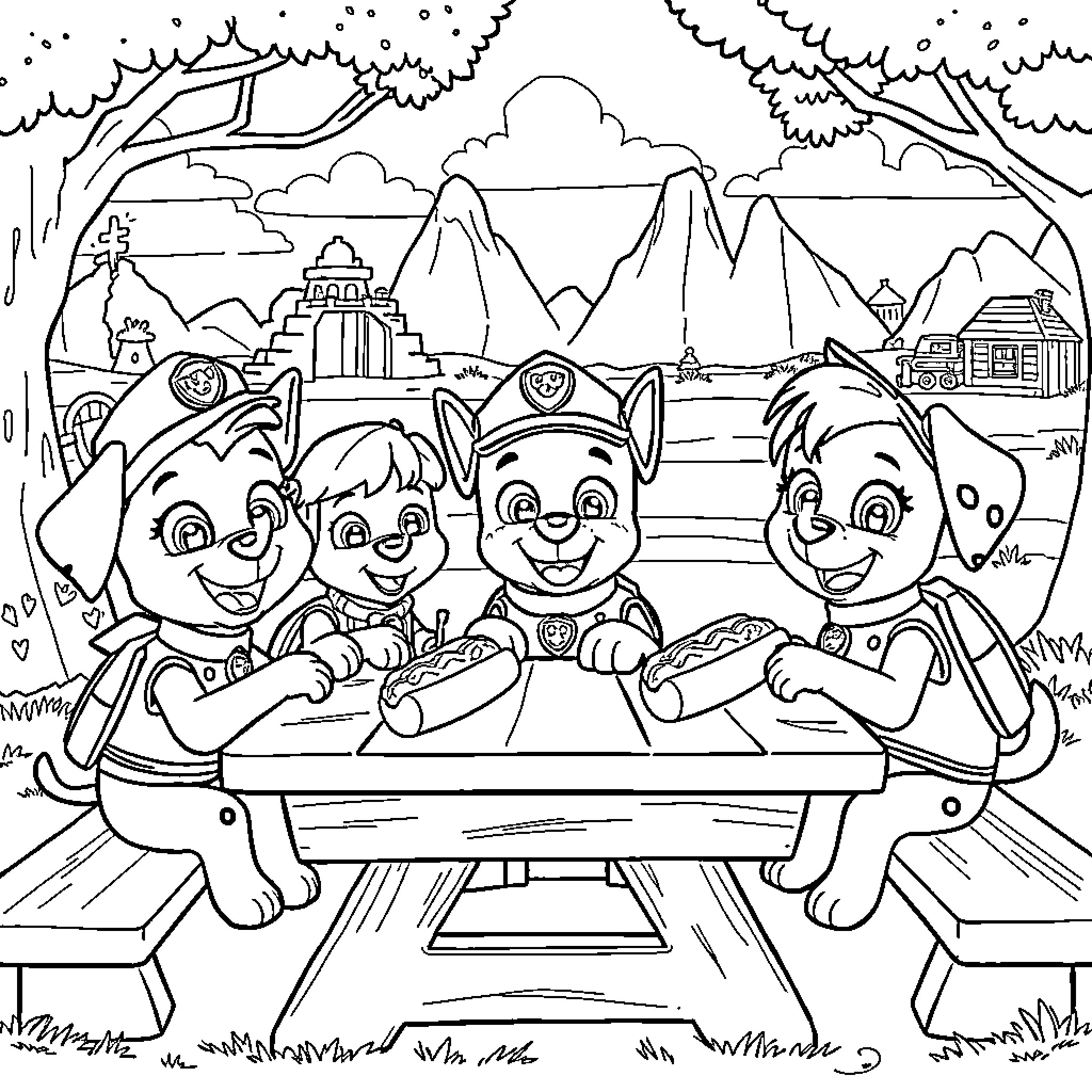 Paw Patrol Enjoying an Outdoor Adventure Coloring Page (free black-and-white line drawing printable PDF for all, from beginners to advanced learners, including children, teens, adults, and seniors)