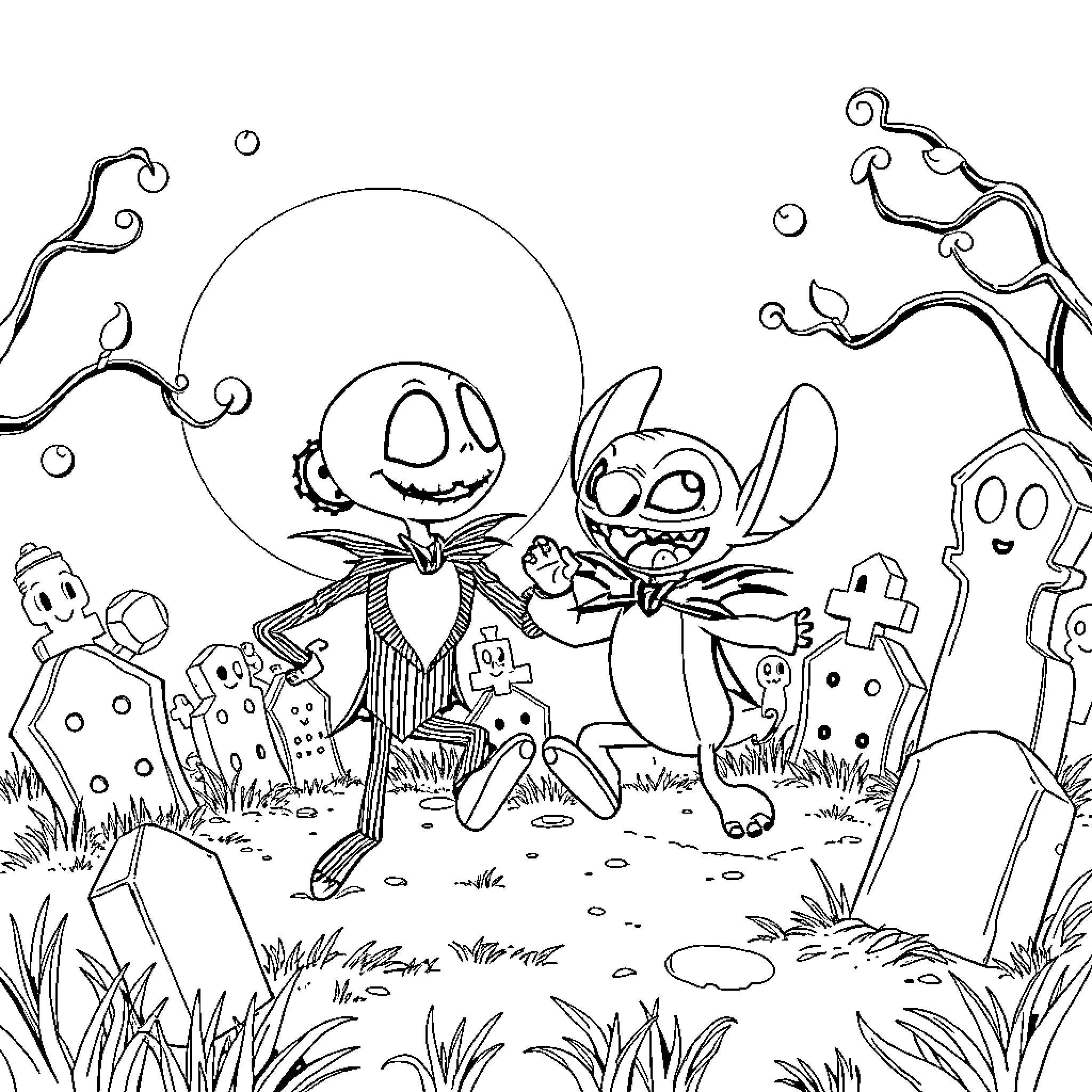 Jack Skellington and Stitch exploring a whimsical night scene Coloring Page (free black-and-white line drawing printable PDF for all, from beginners to advanced learners, including children, teens, adults, and seniors)