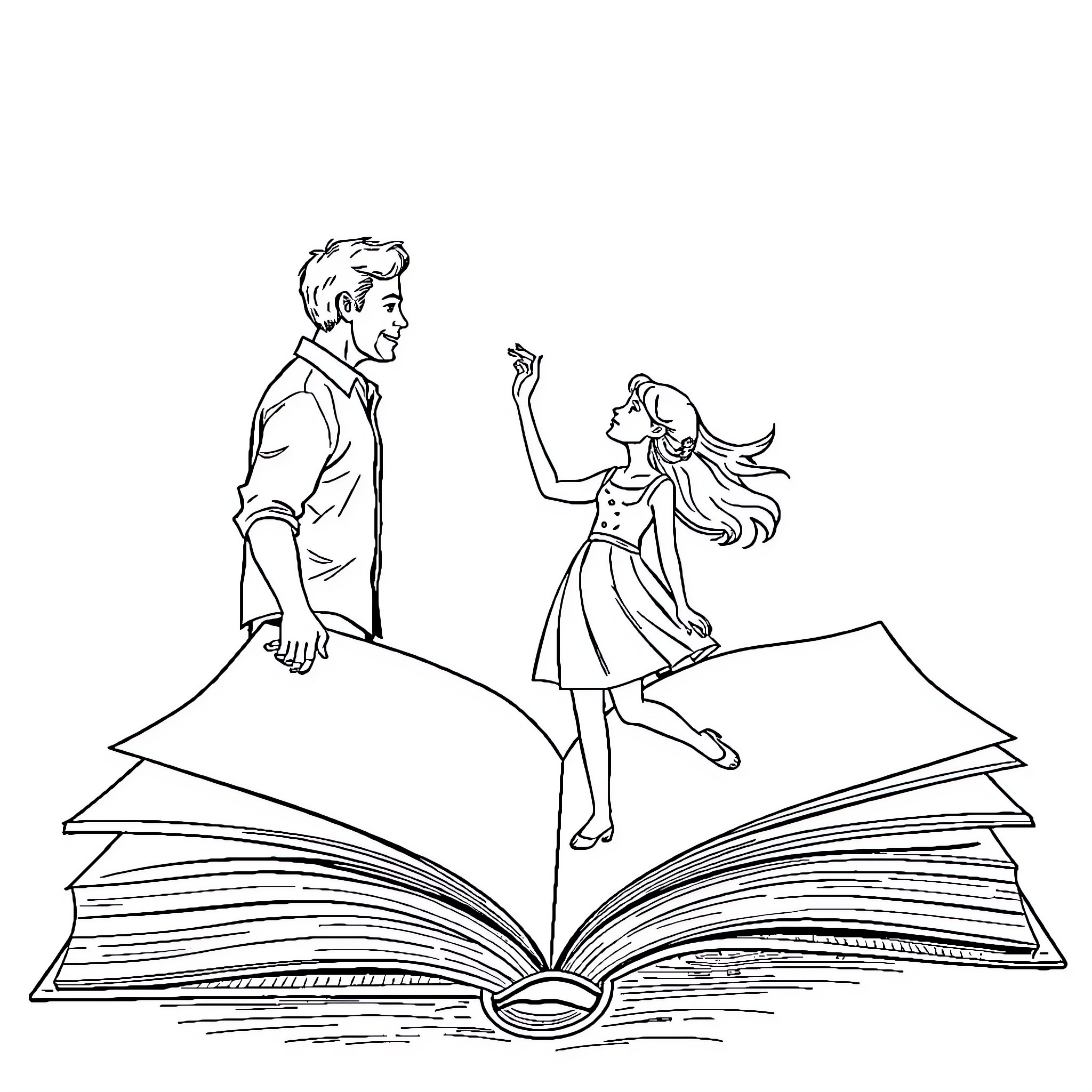 Man and woman emerge from storybook Coloring Page (free black-and-white line drawing printable PDF for all, from beginners to advanced learners, including children, teens, adults, and seniors)
