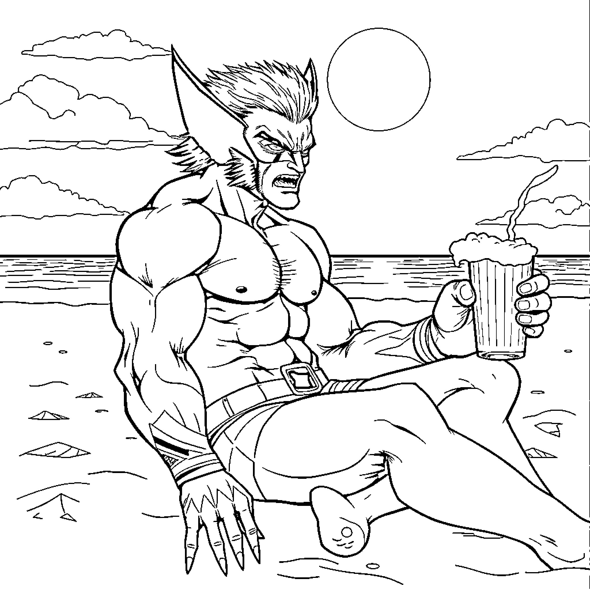 Wolverine enjoying a sunset drink on the beach Coloring Page (free black-and-white line drawing printable PDF for all, from beginners to advanced learners, including children, teens, adults, and seniors)