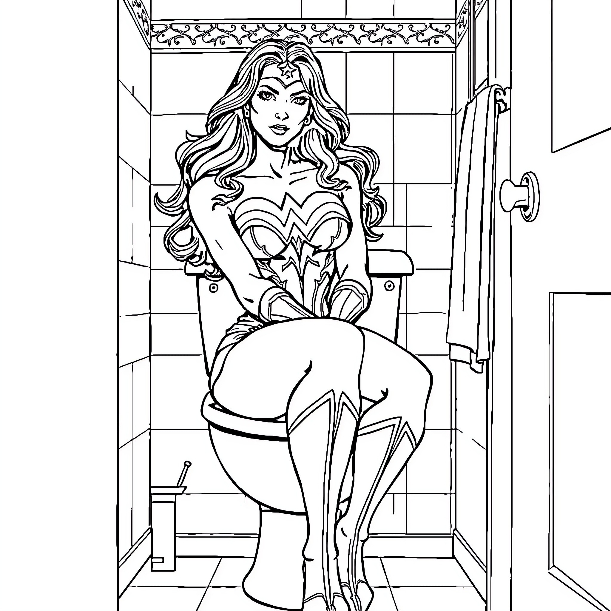 Wonder Woman in Heroic Bathroom Pose Coloring Page (free black-and-white line drawing printable PDF for all, from beginners to advanced learners, including children, teens, adults, and seniors)