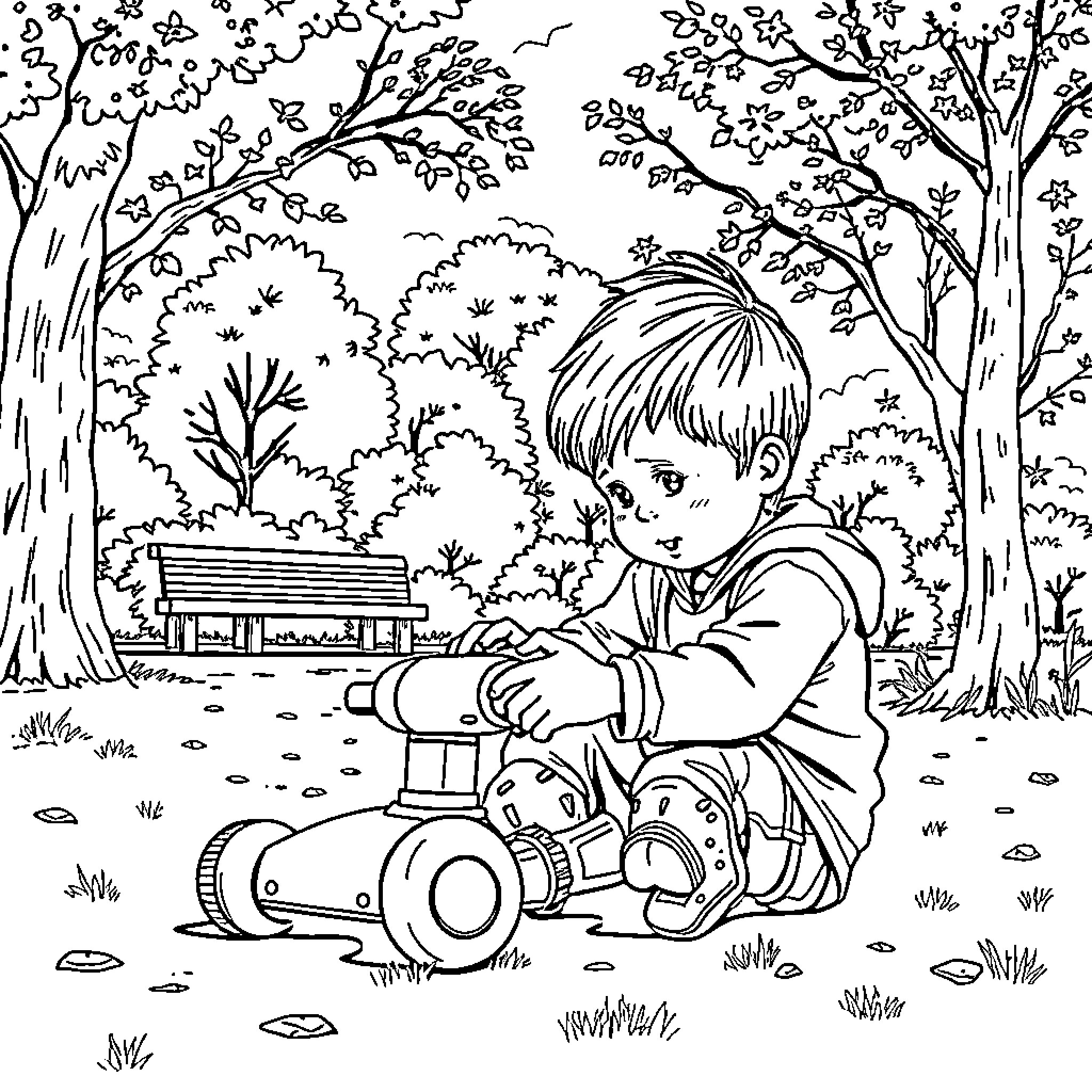 Kid playing with toy car in nature Coloring Page (free black-and-white line drawing printable PDF for all, from beginners to advanced learners, including children, teens, adults, and seniors)